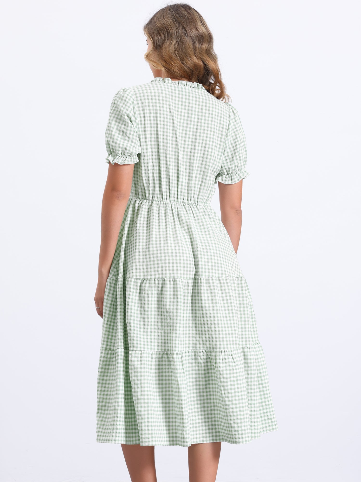 Ruffle Trim V Neck Button Decor Plaid Gingham Tiered Midi Dress