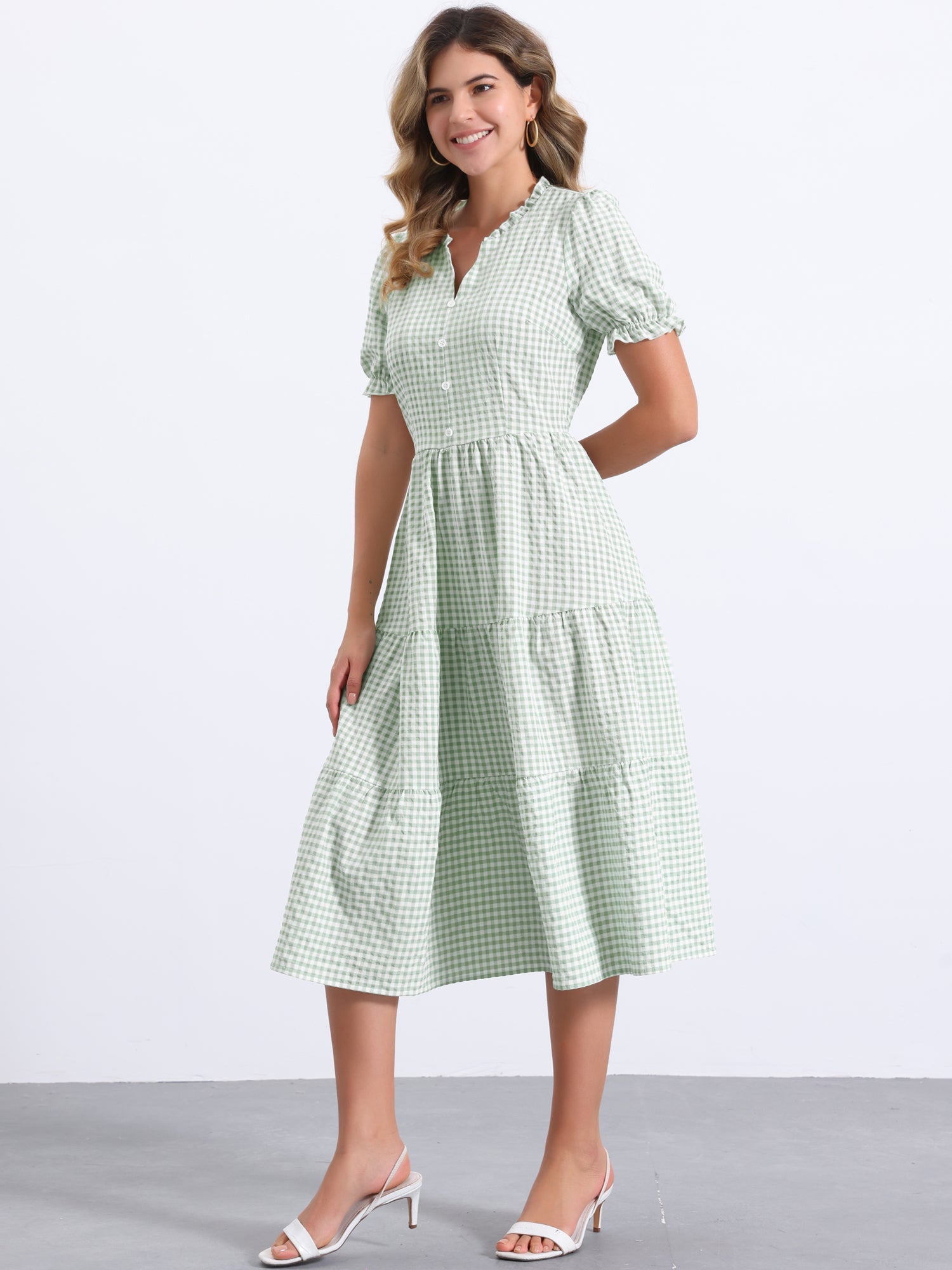 Ruffle Trim V Neck Button Decor Plaid Gingham Tiered Midi Dress