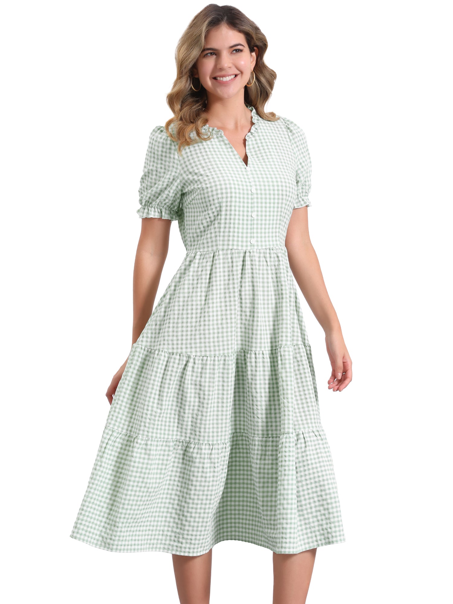 Ruffle Trim V Neck Button Decor Plaid Gingham Tiered Midi Dress