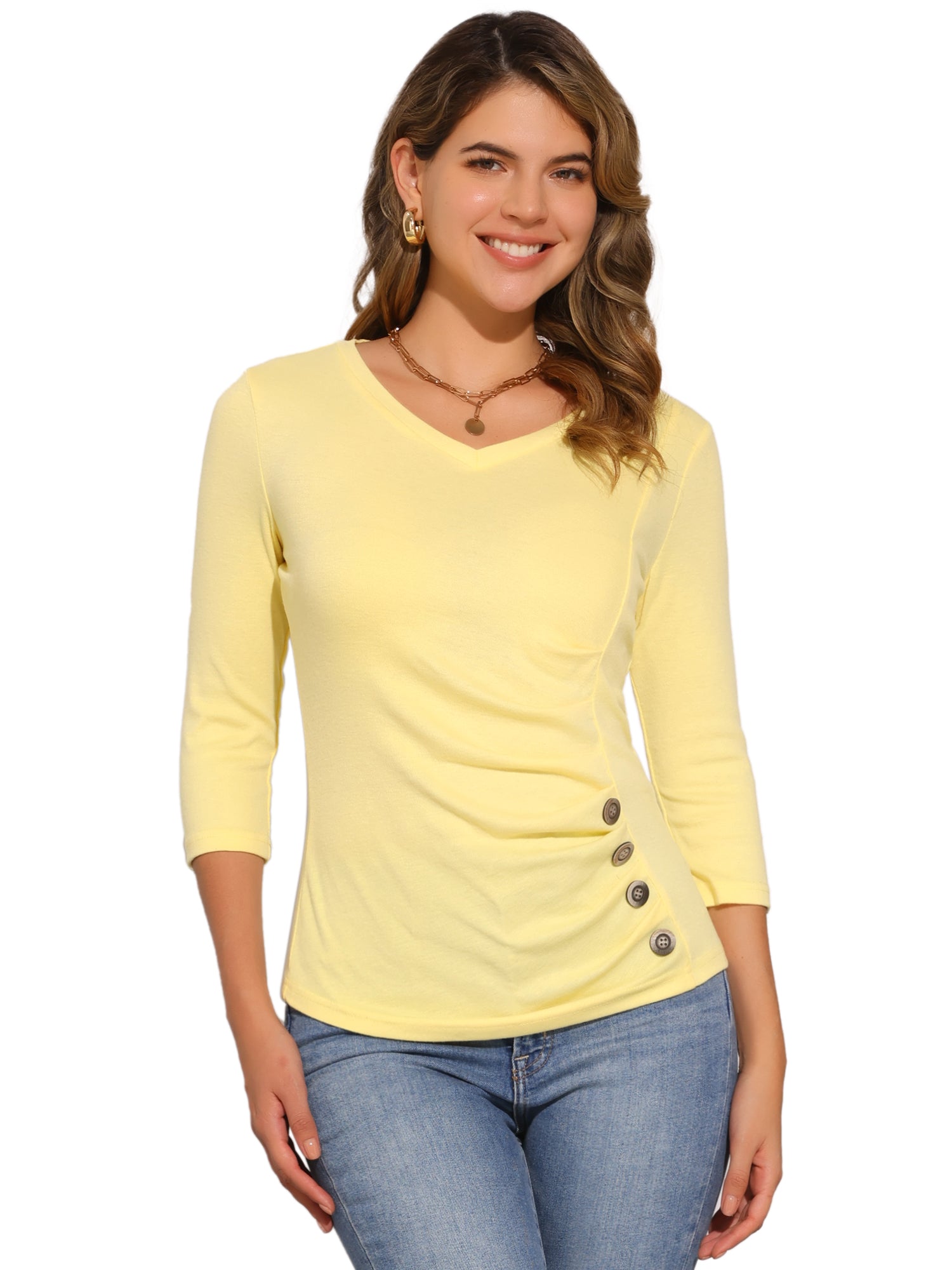 3/4 Sleeves V Neck Solid Knitted Button Decor Ruched Blouse