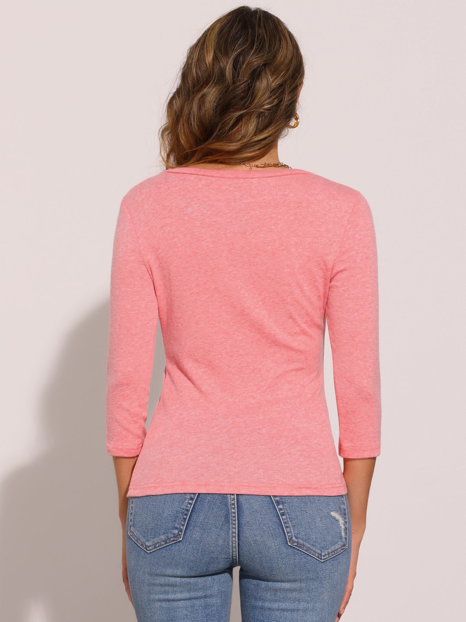3/4 Sleeves V Neck Solid Knitted Button Decor Ruched Blouse