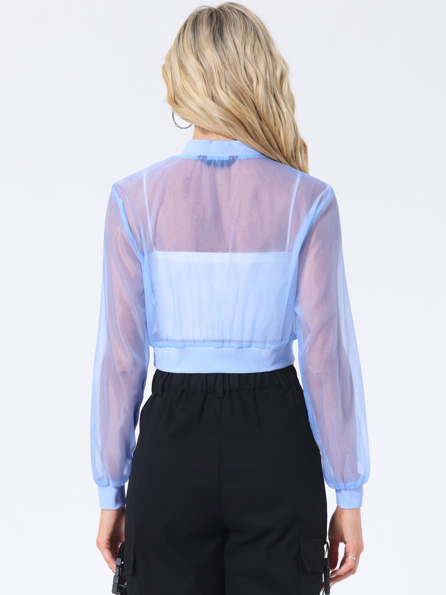 Bomber Long Sleeve Crop Mesh Sheer Zip Up Jackets
