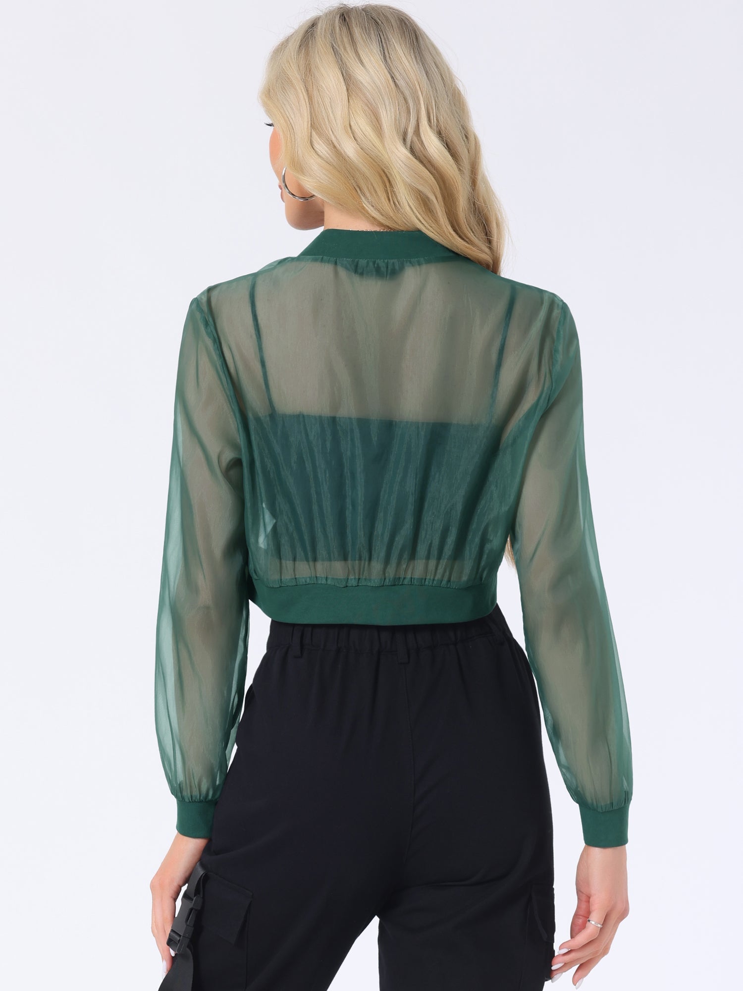 Bomber Long Sleeve Crop Mesh Sheer Zip Up Jackets