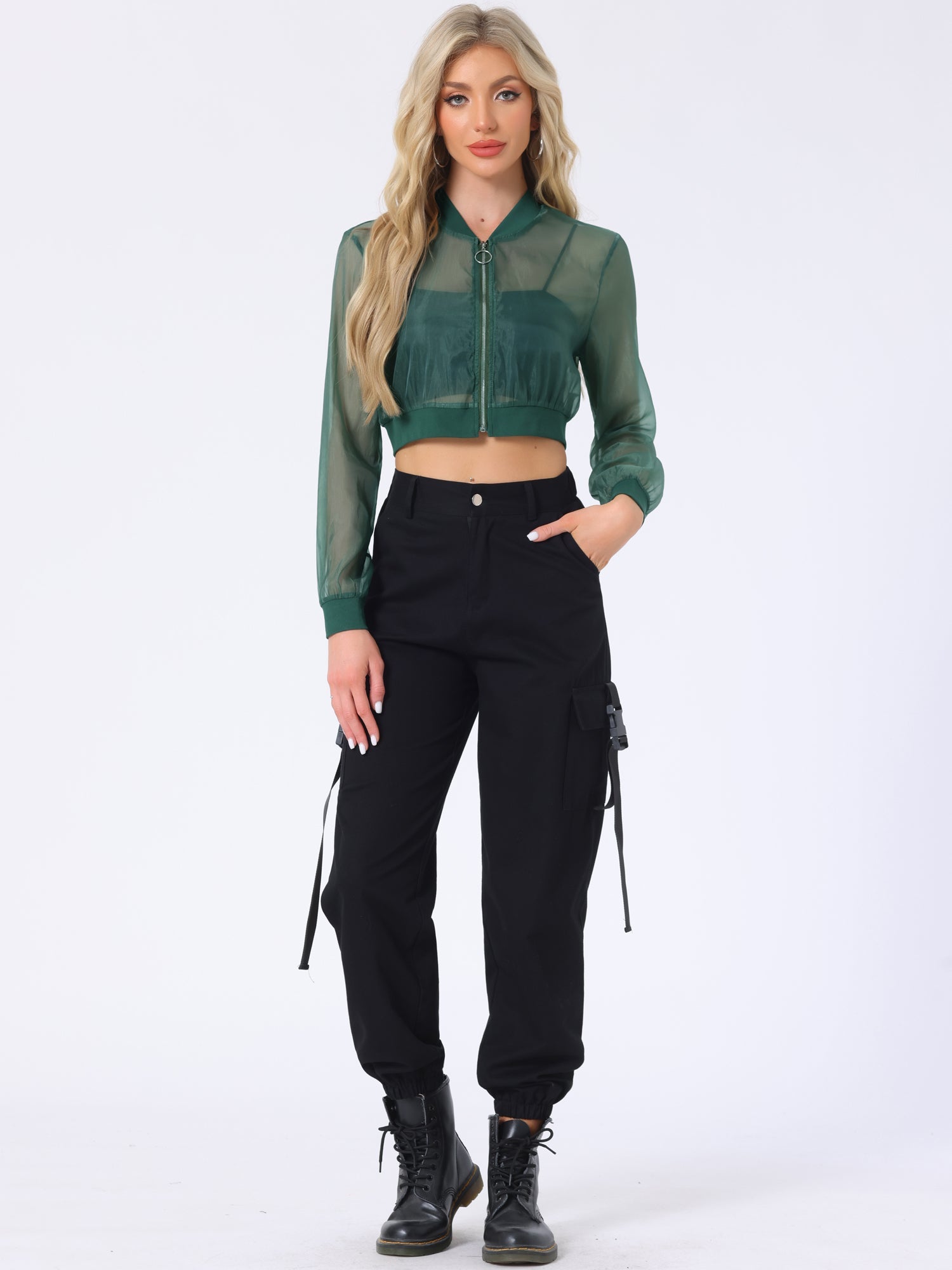 Bomber Long Sleeve Crop Mesh Sheer Zip Up Jackets