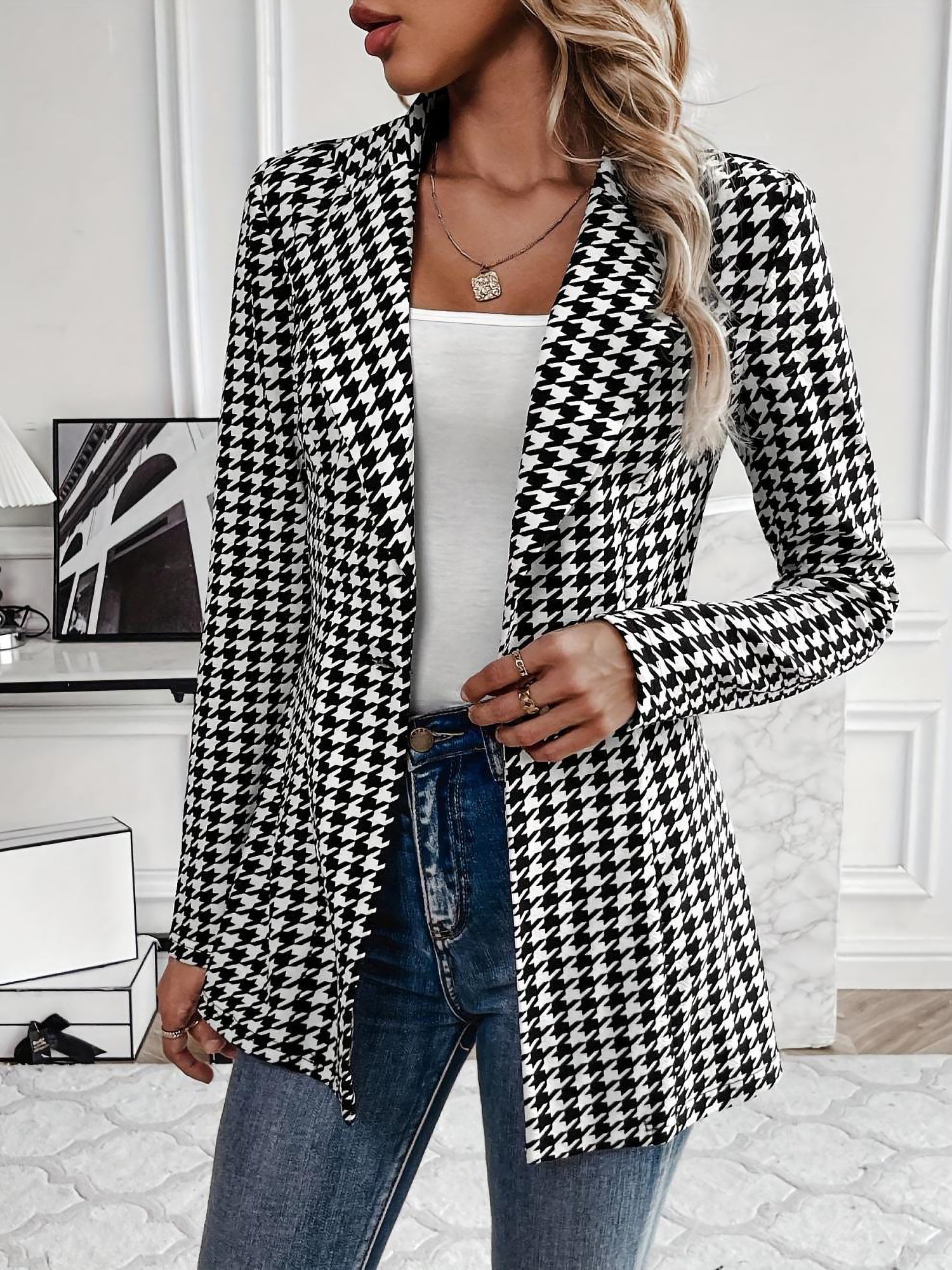 Classic Tailored Houndstooth Notched Lapel Long Sleeves Work Blazer