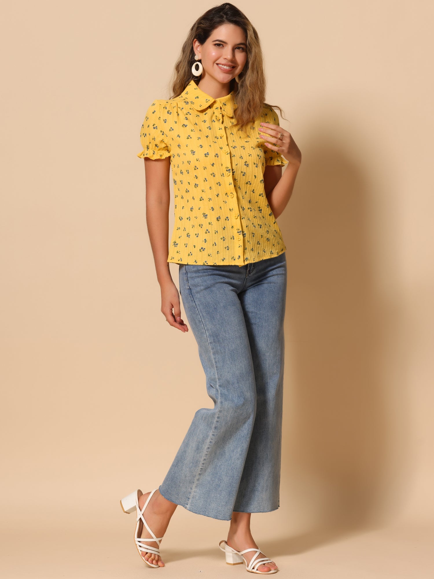 Floral Printed Peter Pan Collar Cotton Short Sleeve Shirt