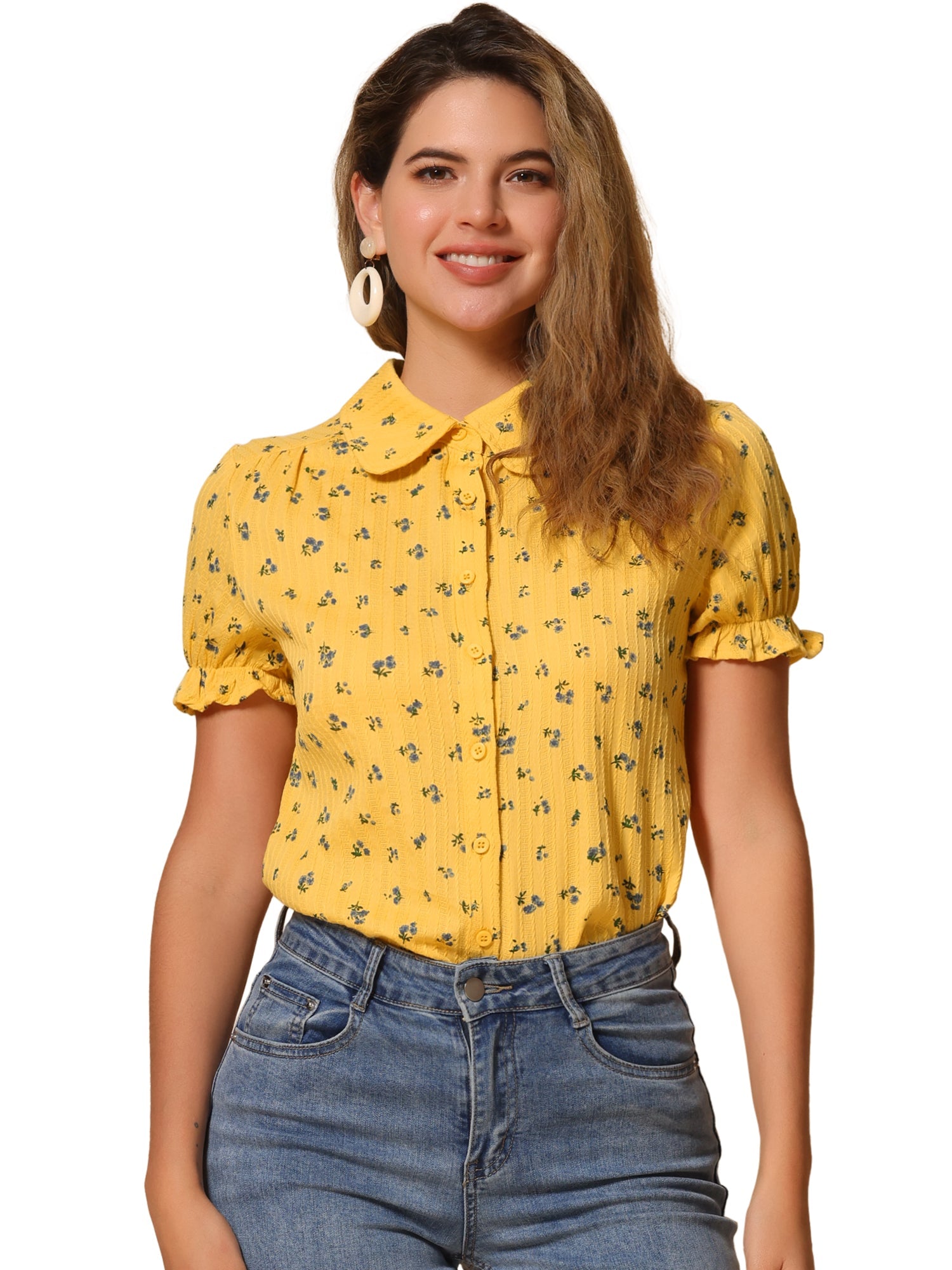 Floral Printed Peter Pan Collar Cotton Short Sleeve Shirt