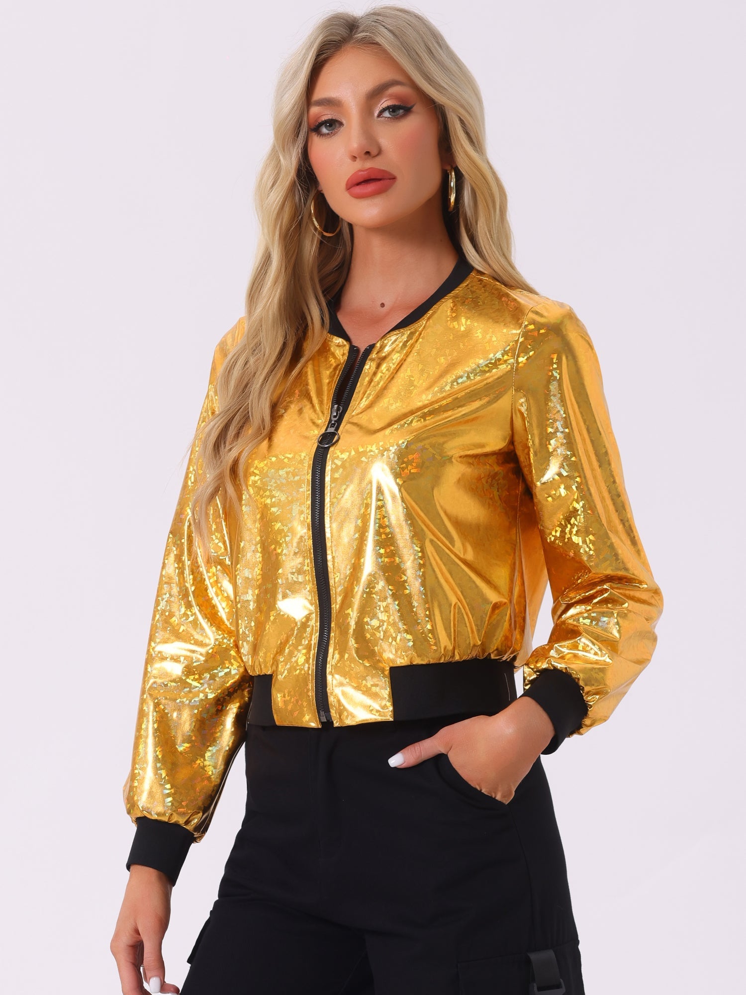 Holographic Shimmering Metallic Lightweight Bomber Jacket