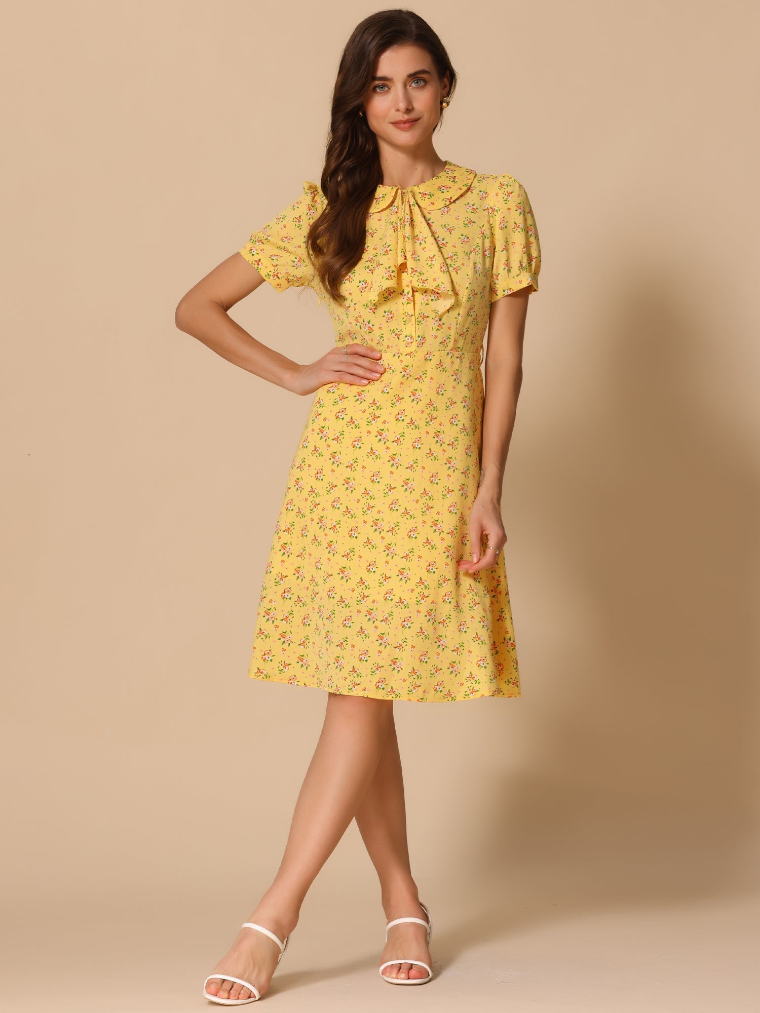 Peter Pan Collar Tie Neck Short Sleeve A-Line Belted Floral Dress