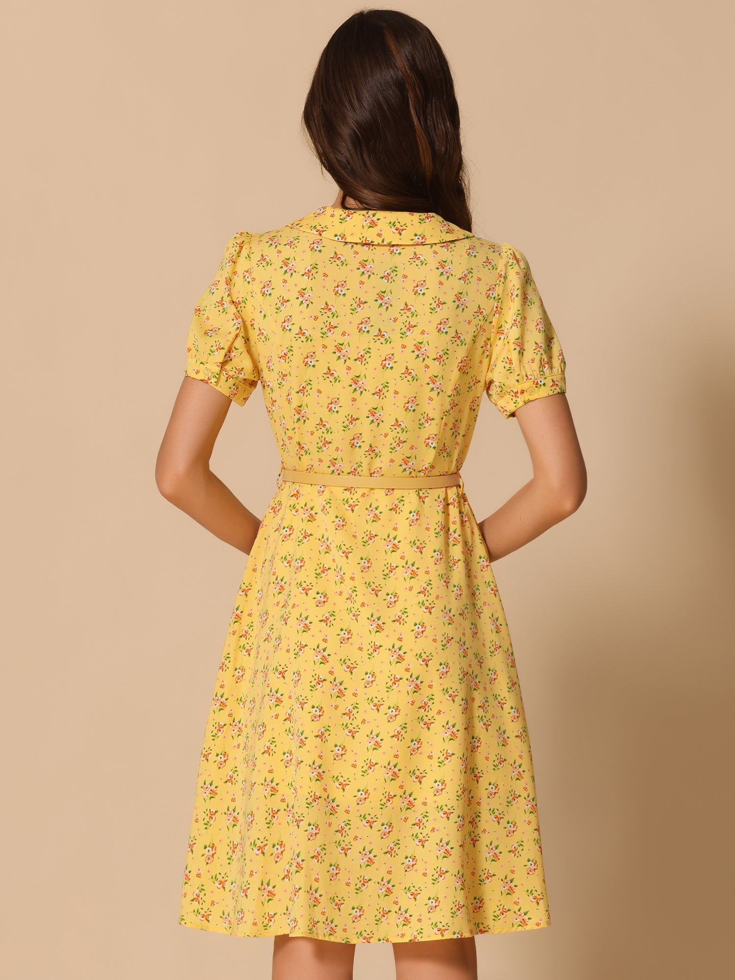 Peter Pan Collar Tie Neck Short Sleeve A-Line Belted Floral Dress