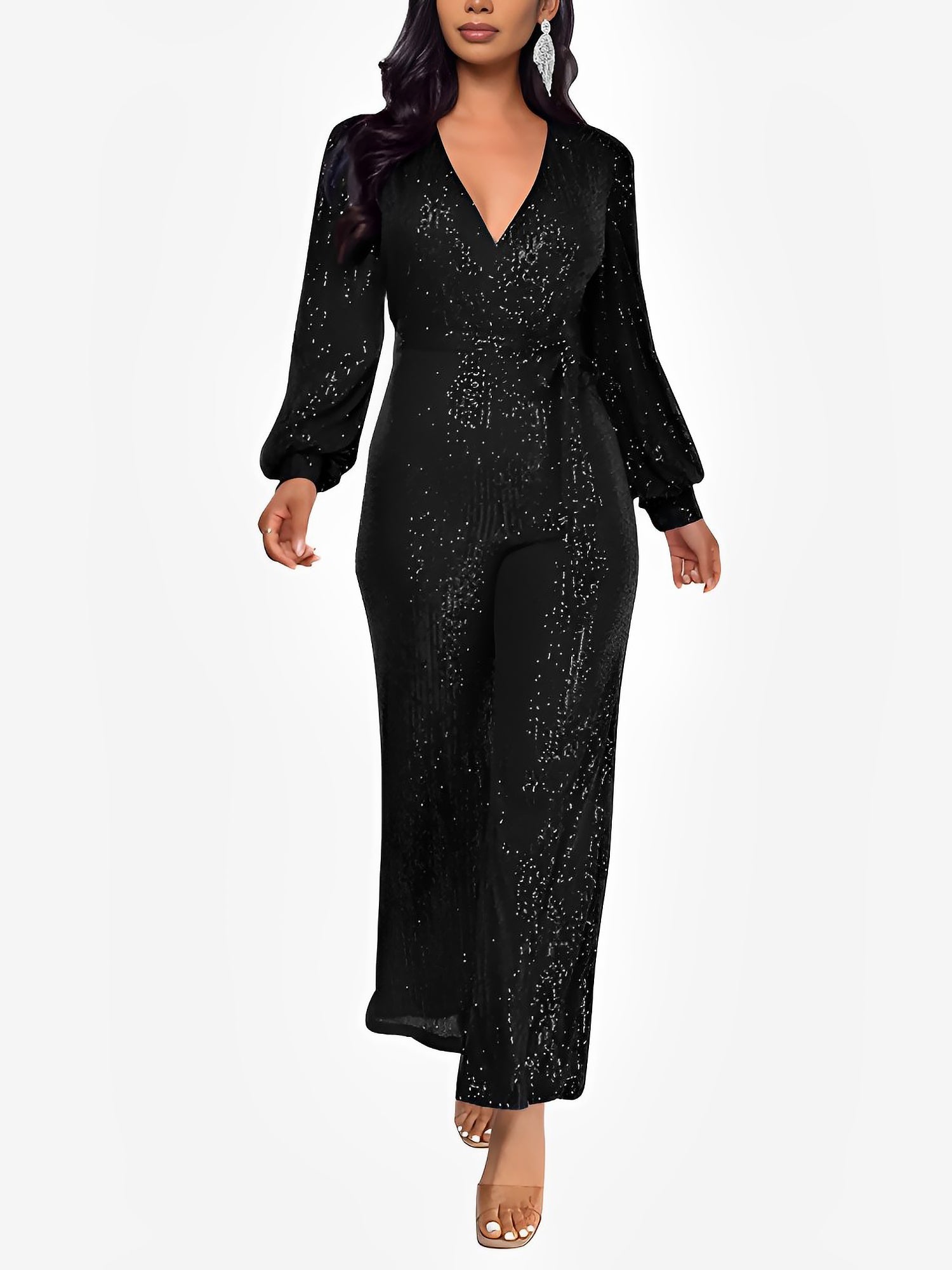 Sparkly Party Formal Deep V Neck Sequin Glitter Belted Long Sleeves Jumpsuits