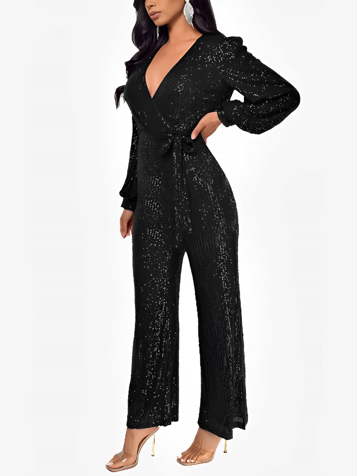 Sparkly Party Formal Deep V Neck Sequin Glitter Belted Long Sleeves Jumpsuits