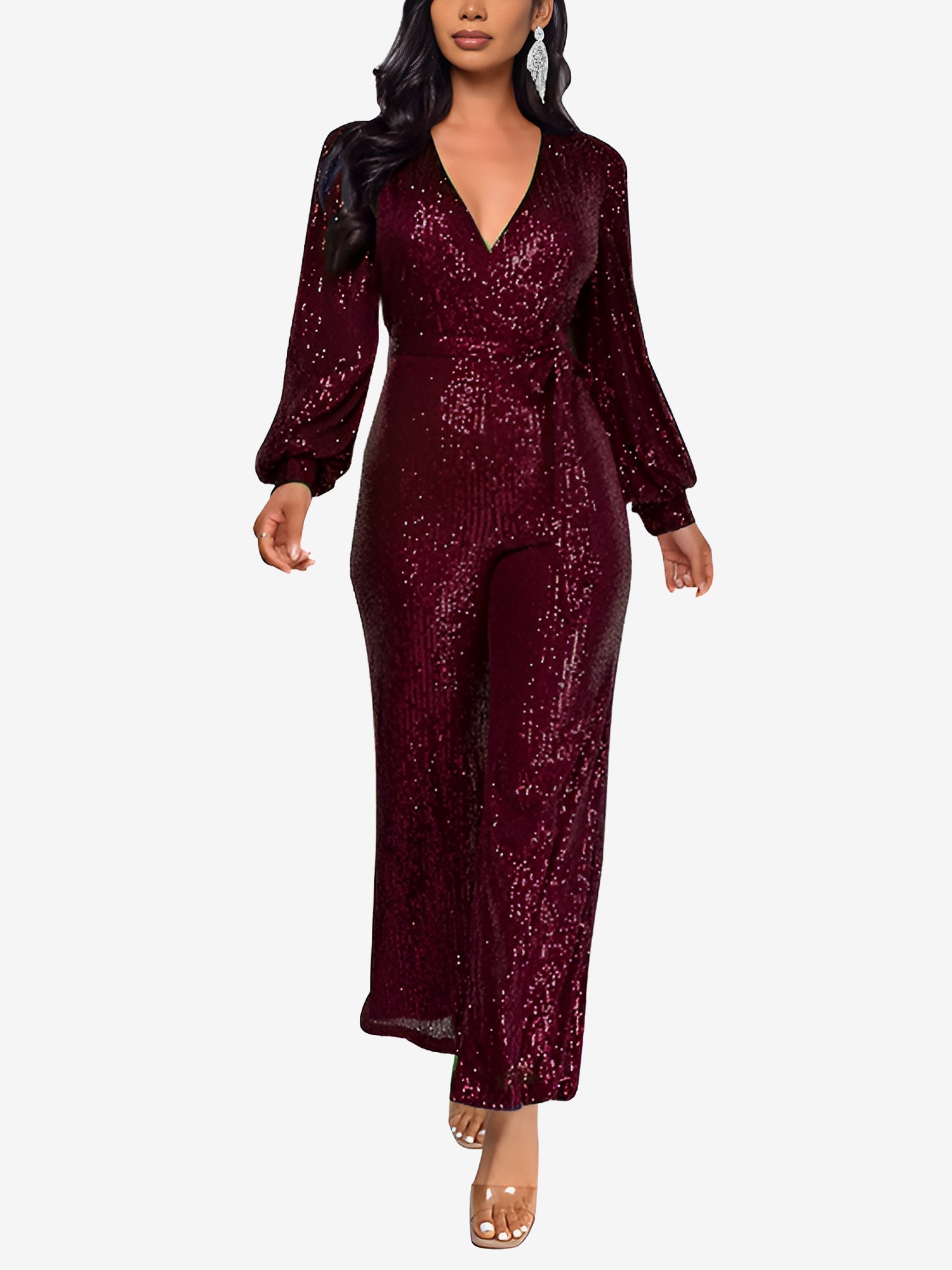 Sparkly Party Formal Deep V Neck Sequin Glitter Belted Long Sleeves Jumpsuits