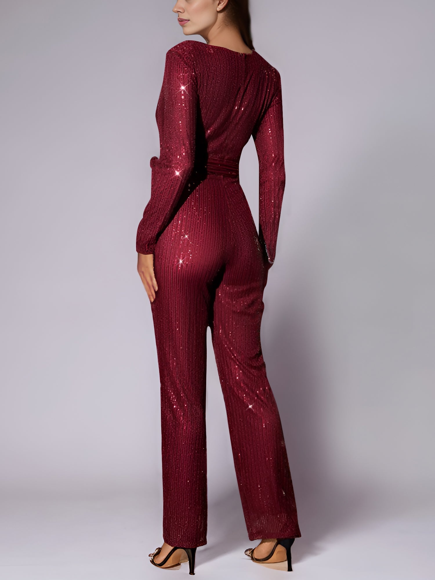 Sparkly Party Formal Deep V Neck Sequin Glitter Belted Long Sleeves Jumpsuits