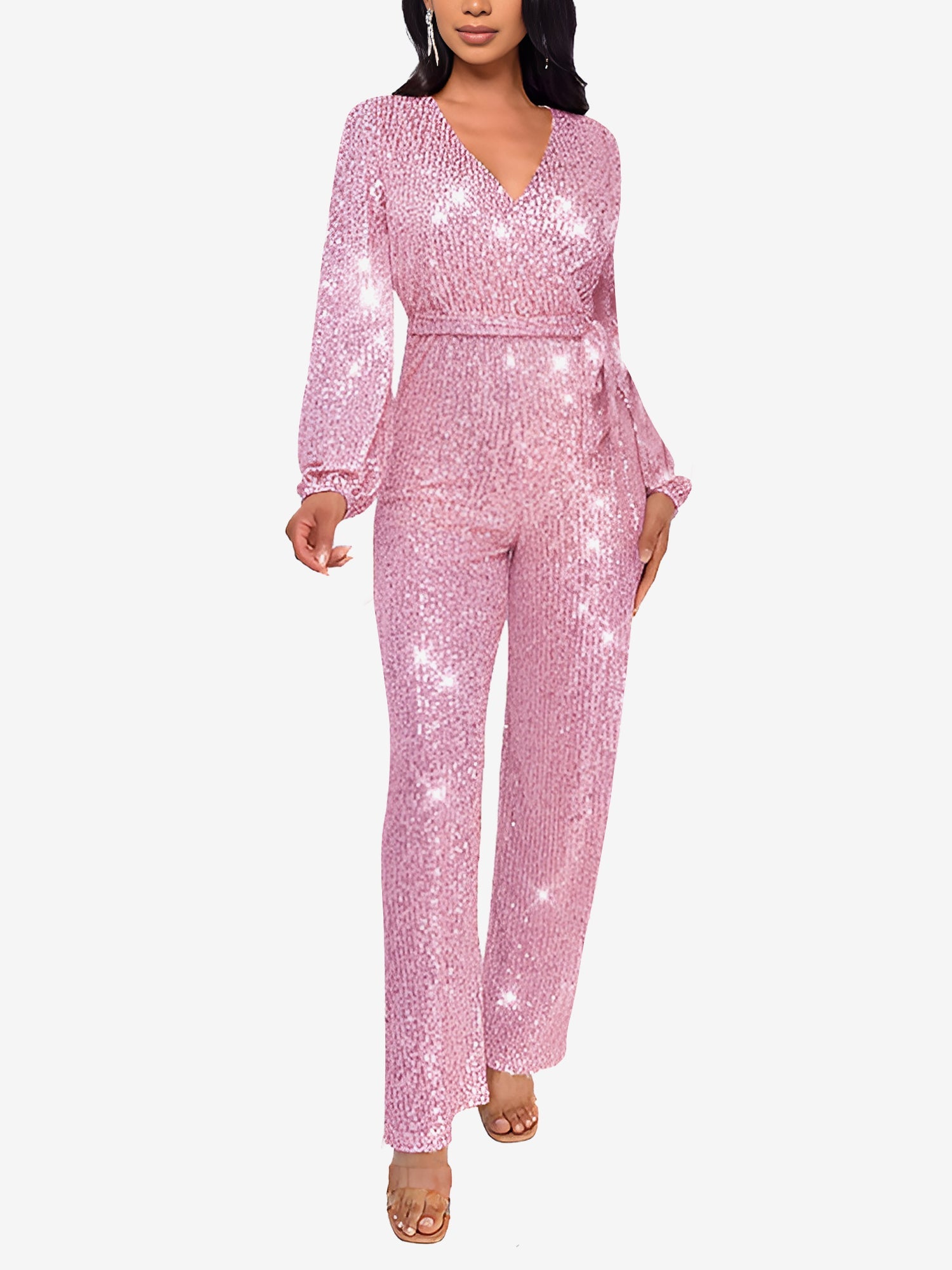 Sparkly Party Formal Deep V Neck Sequin Glitter Belted Long Sleeves Jumpsuits