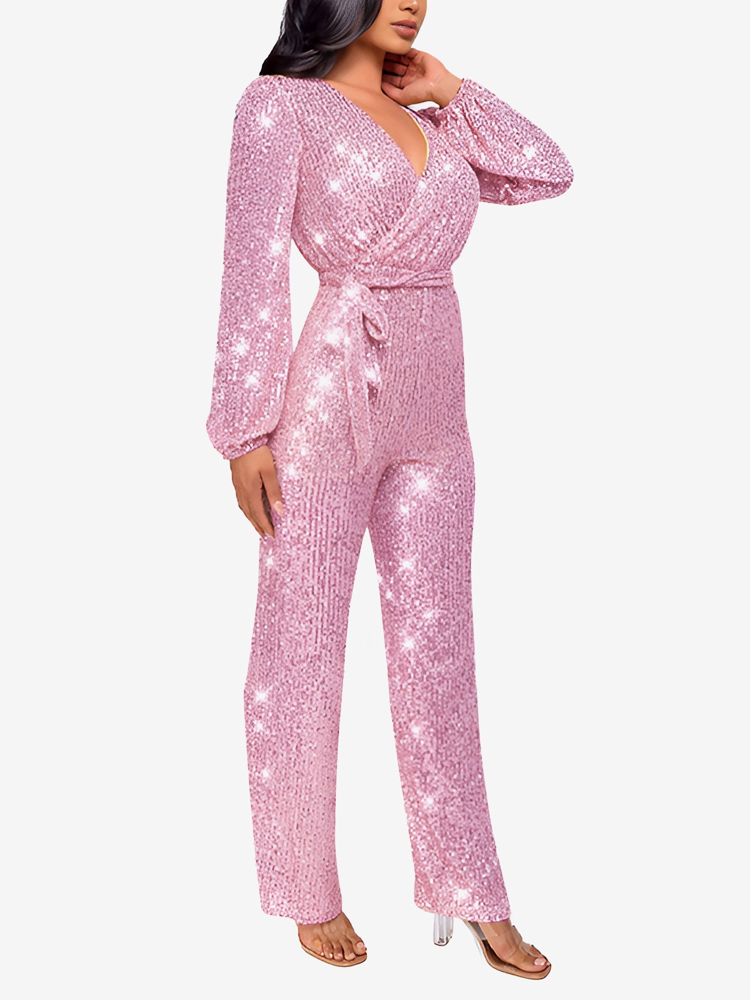 Sparkly Party Formal Deep V Neck Sequin Glitter Belted Long Sleeves Jumpsuits