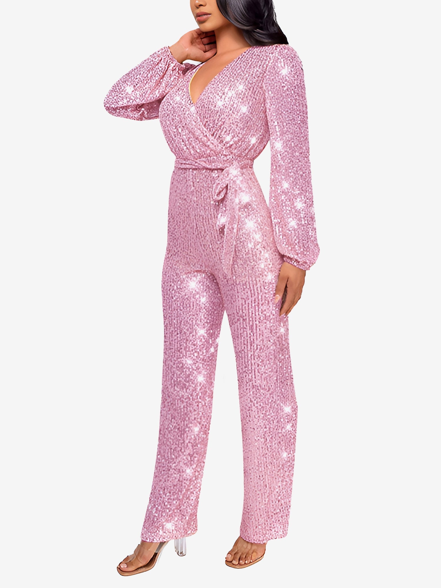 Sparkly Party Formal Deep V Neck Sequin Glitter Belted Long Sleeves Jumpsuits