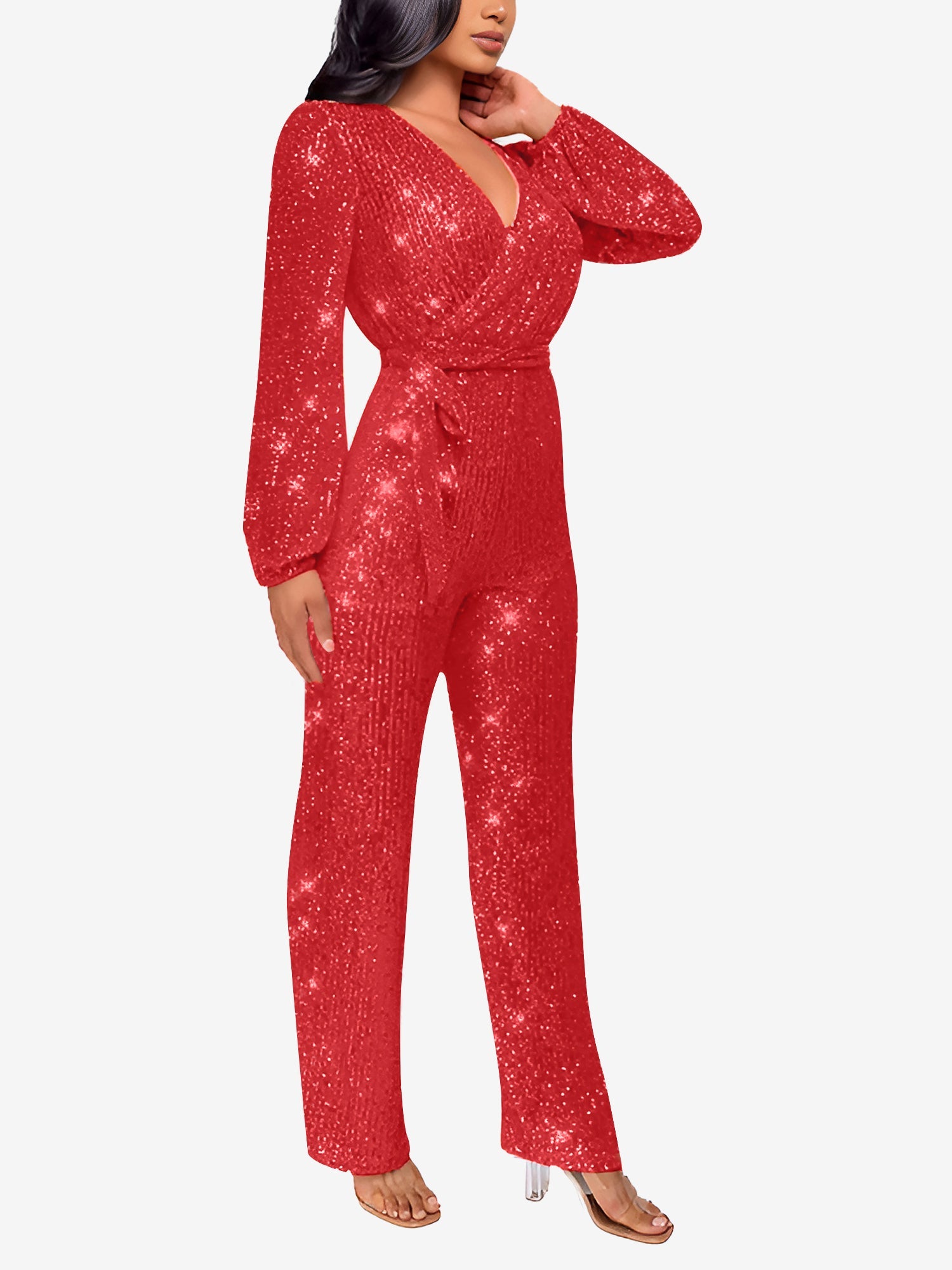 Sparkly Party Formal Deep V Neck Sequin Glitter Belted Long Sleeves Jumpsuits
