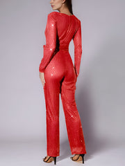 Sparkly Party Formal Deep V Neck Sequin Glitter Belted Long Sleeves Jumpsuits