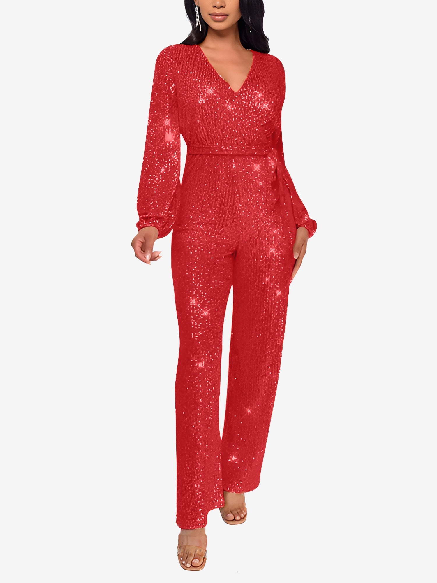 Sparkly Party Formal Deep V Neck Sequin Glitter Belted Long Sleeves Jumpsuits