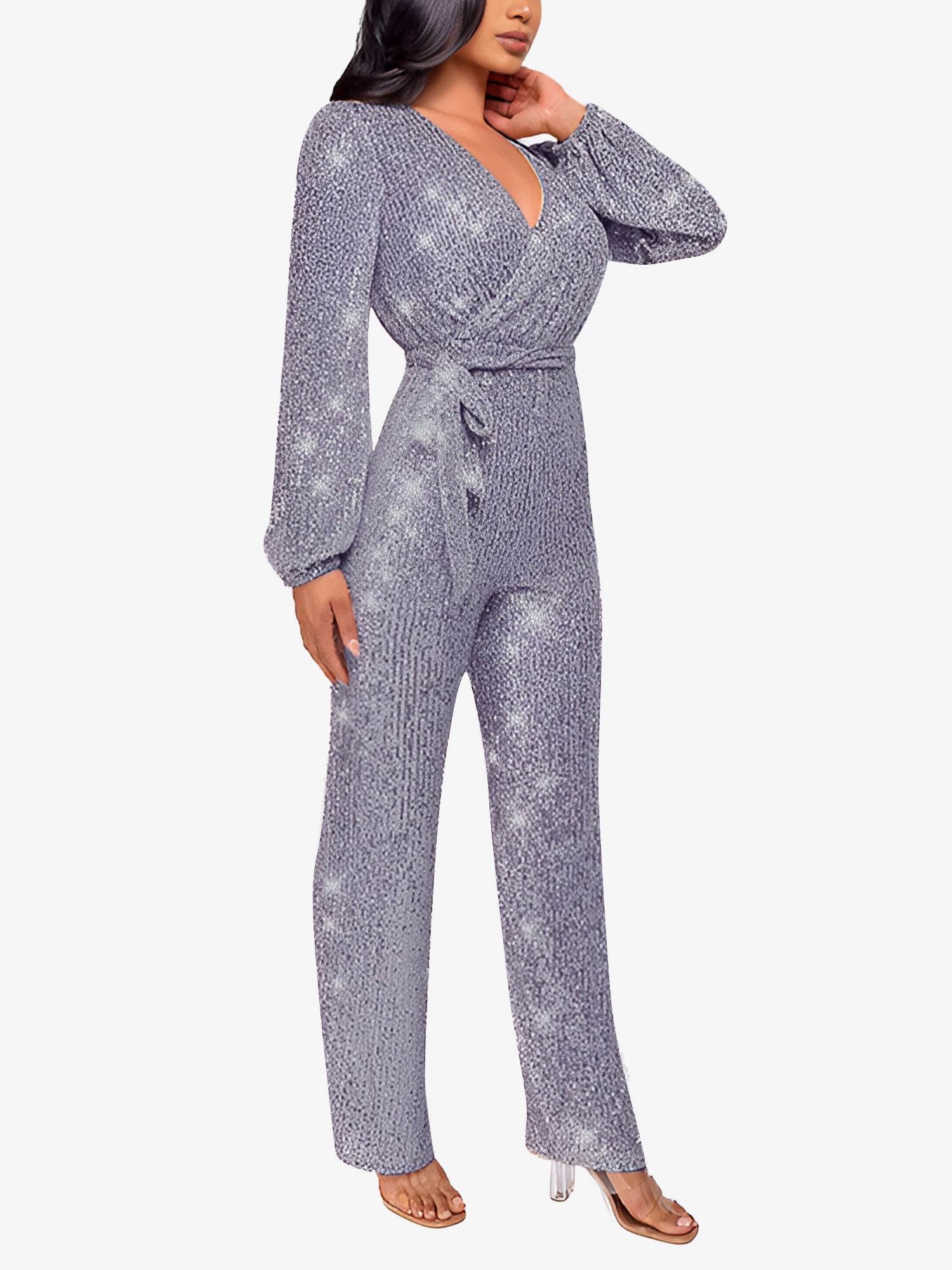 Sparkly Party Formal Deep V Neck Sequin Glitter Belted Long Sleeves Jumpsuits