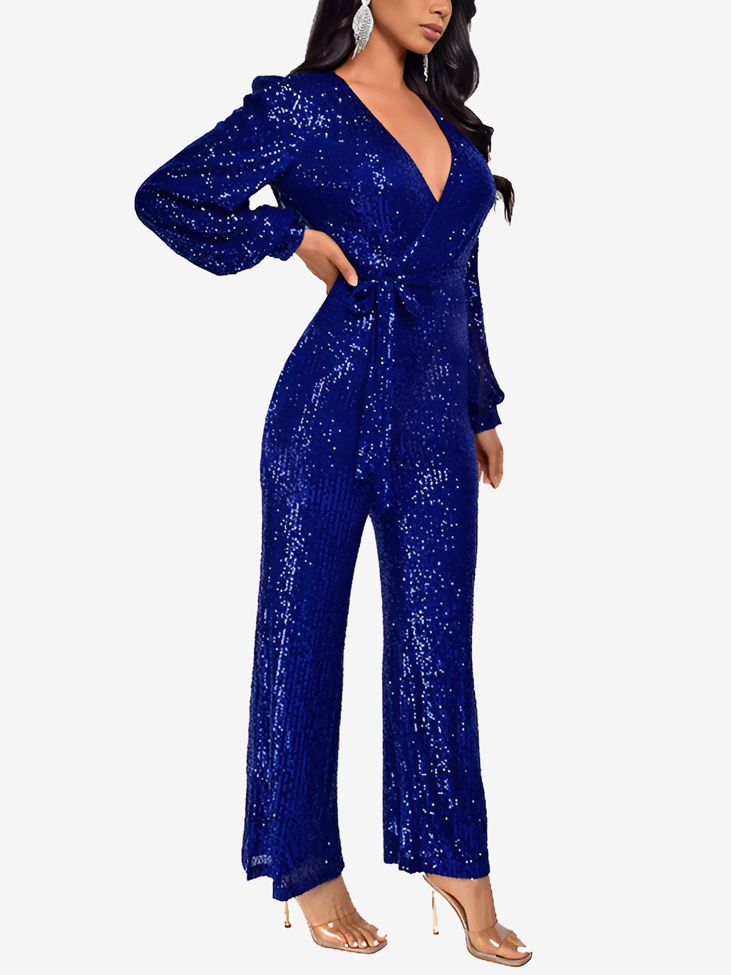 Sparkly Party Formal Deep V Neck Sequin Glitter Belted Long Sleeves Jumpsuits