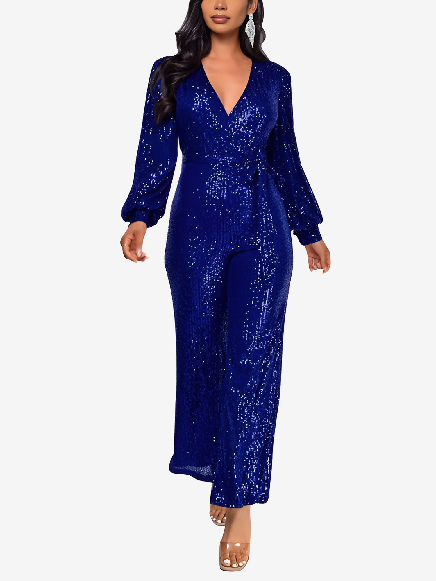 Sparkly Party Formal Deep V Neck Sequin Glitter Belted Long Sleeves Jumpsuits