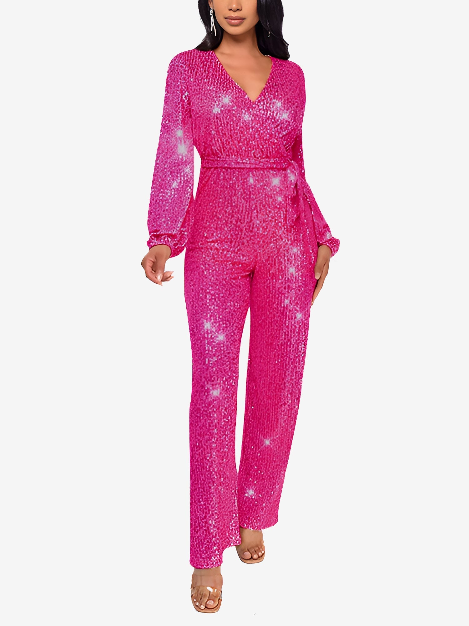 Sparkly Party Formal Deep V Neck Sequin Glitter Belted Long Sleeves Jumpsuits