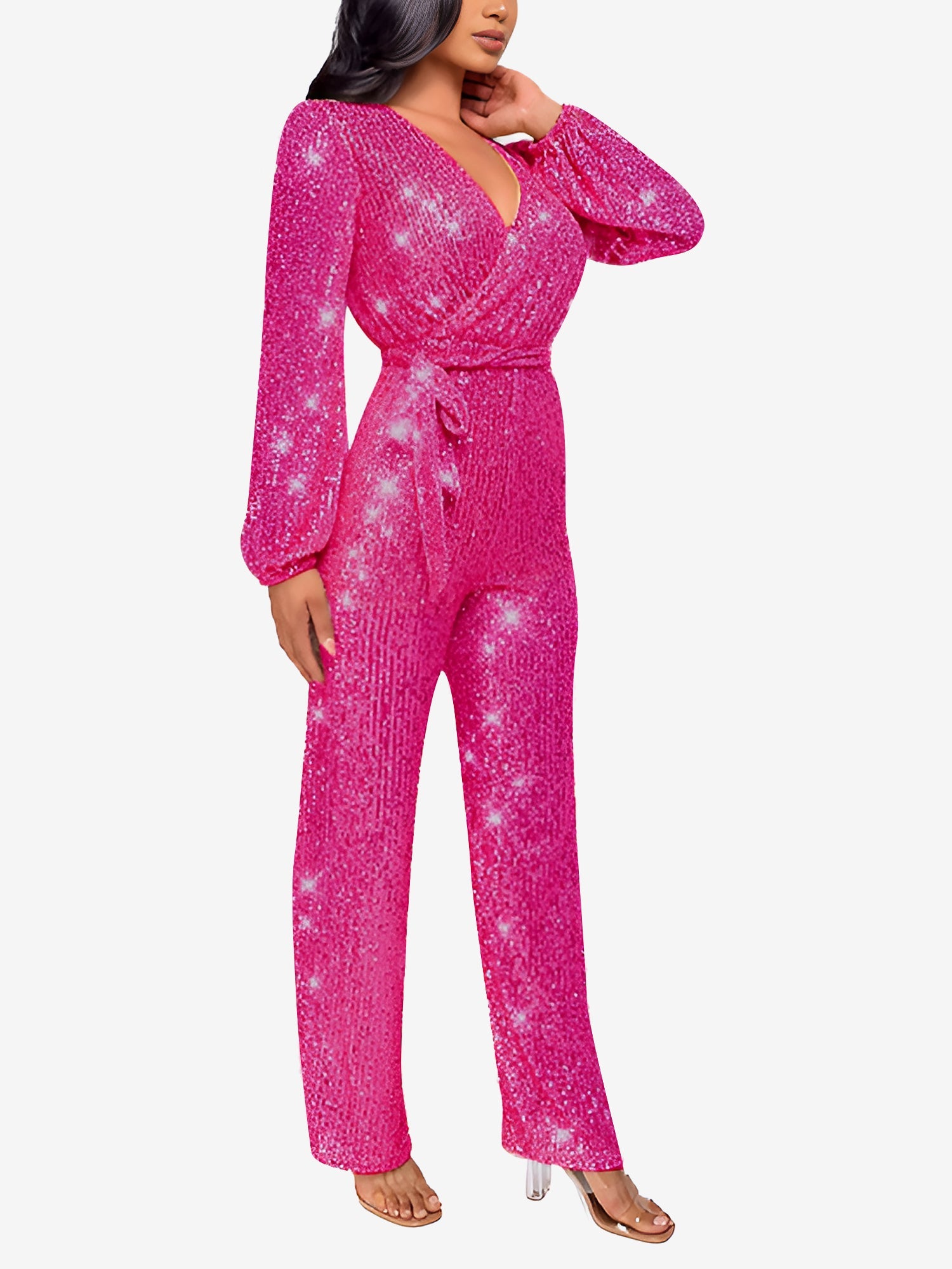 Sparkly Party Formal Deep V Neck Sequin Glitter Belted Long Sleeves Jumpsuits