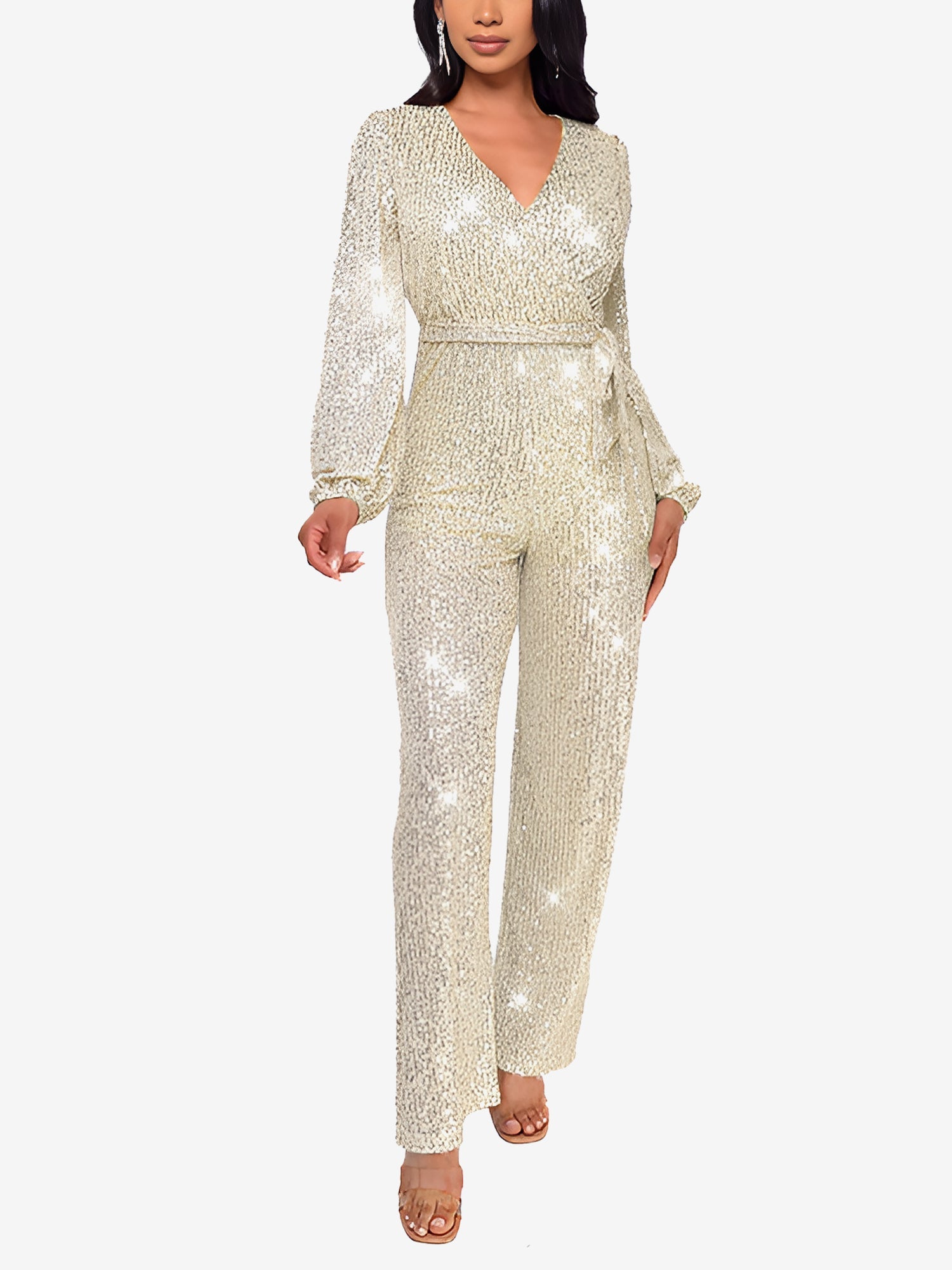 Sparkly Party Formal Deep V Neck Sequin Glitter Belted Long Sleeves Jumpsuits