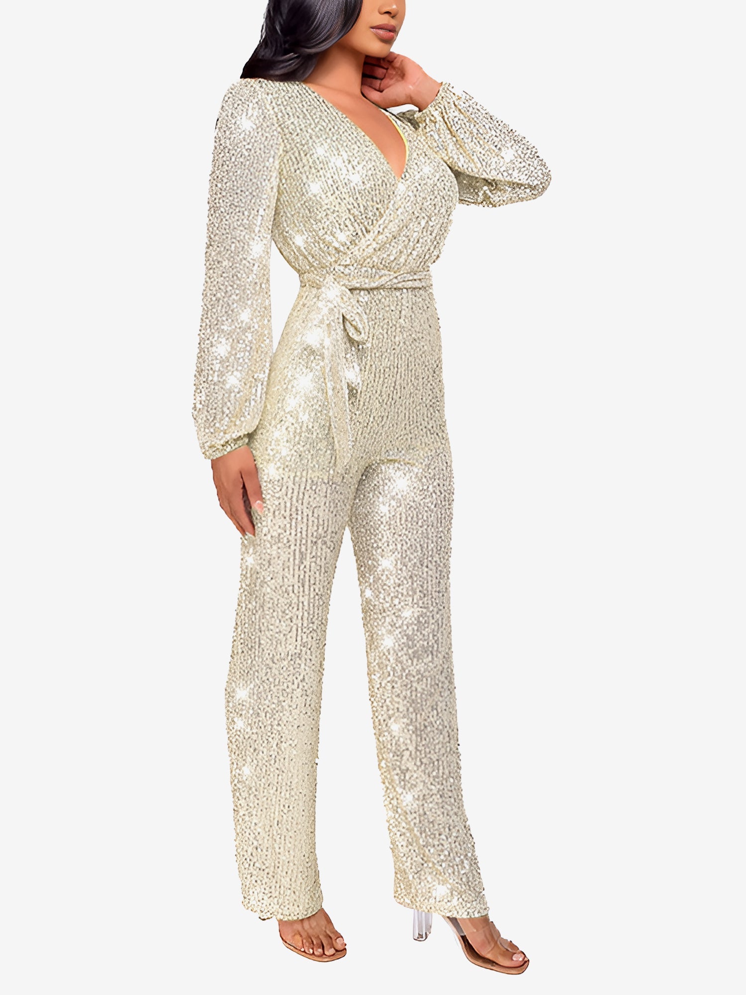 Sparkly Party Formal Deep V Neck Sequin Glitter Belted Long Sleeves Jumpsuits