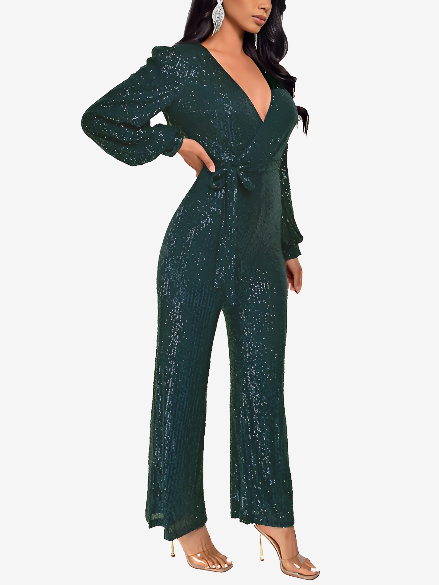 Sparkly Party Formal Deep V Neck Sequin Glitter Belted Long Sleeves Jumpsuits