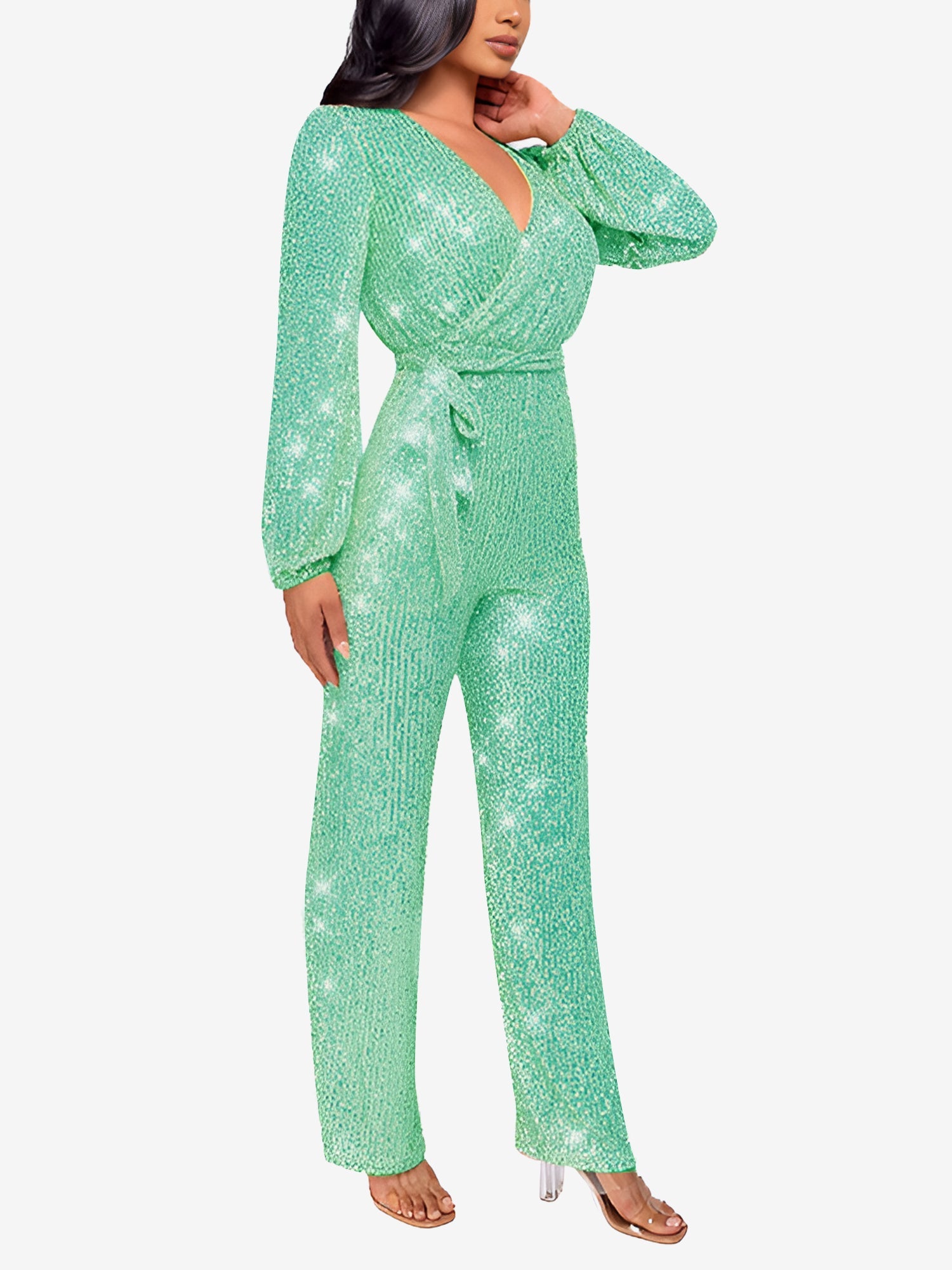 Sparkly Party Formal Deep V Neck Sequin Glitter Belted Long Sleeves Jumpsuits
