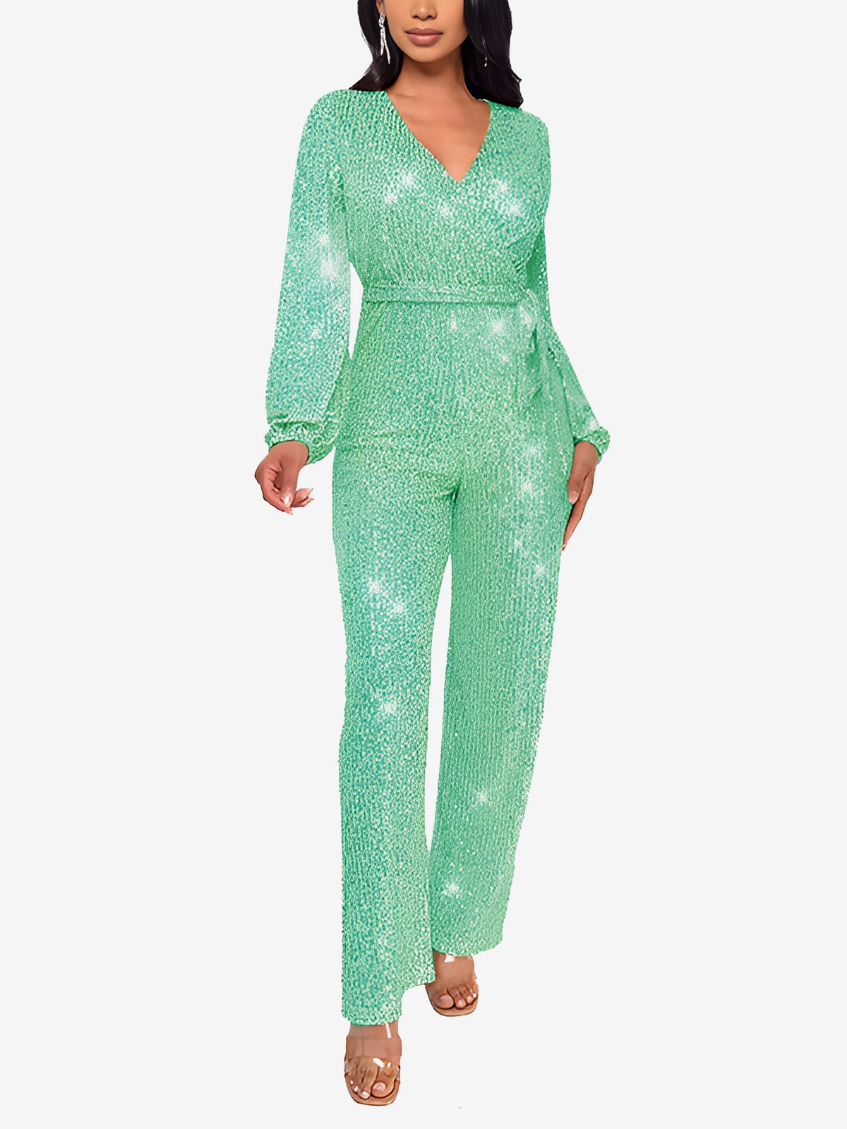 Sparkly Party Formal Deep V Neck Sequin Glitter Belted Long Sleeves Jumpsuits