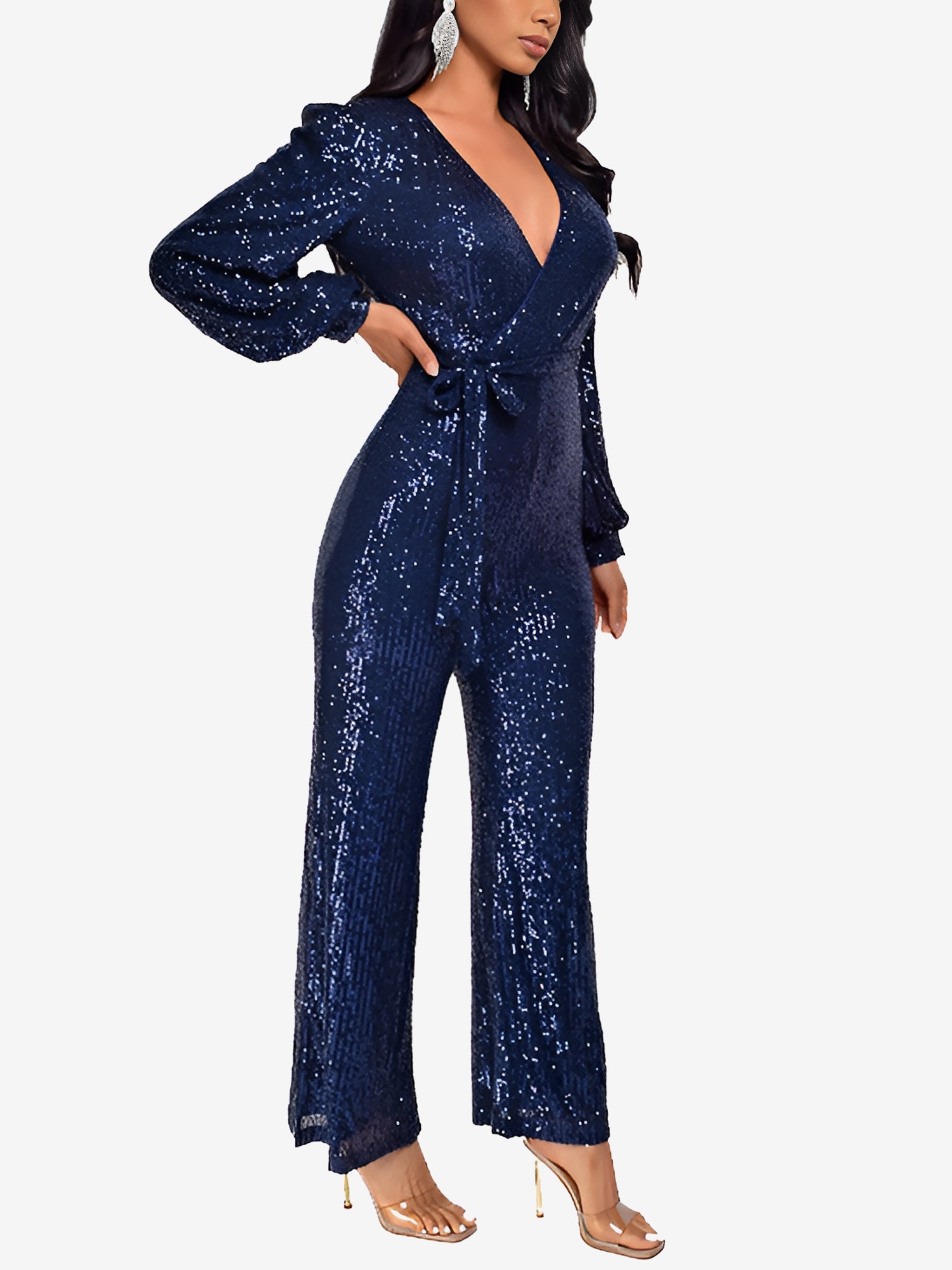 Sparkly Party Formal Deep V Neck Sequin Glitter Belted Long Sleeves Jumpsuits