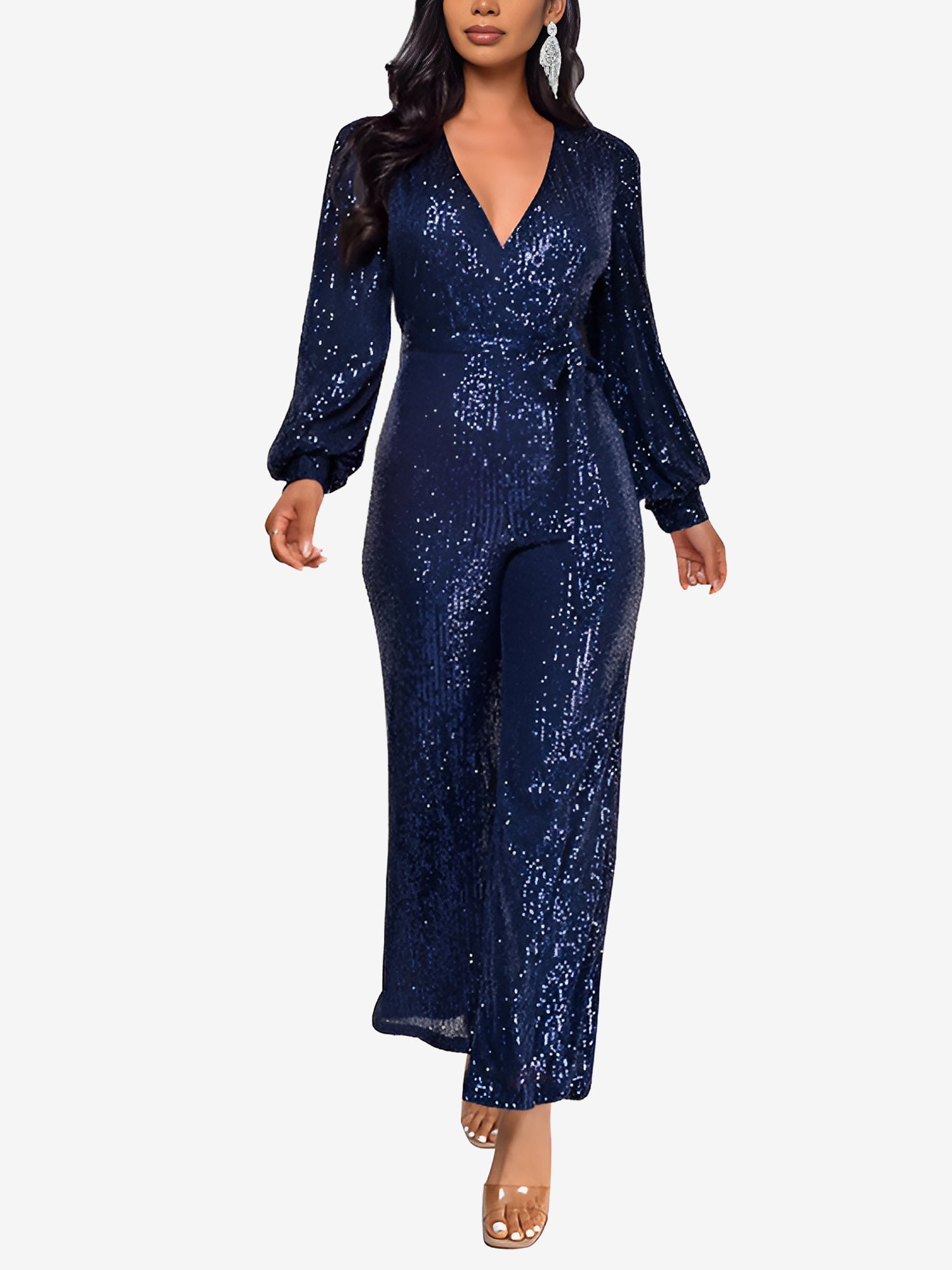 Sparkly Party Formal Deep V Neck Sequin Glitter Belted Long Sleeves Jumpsuits