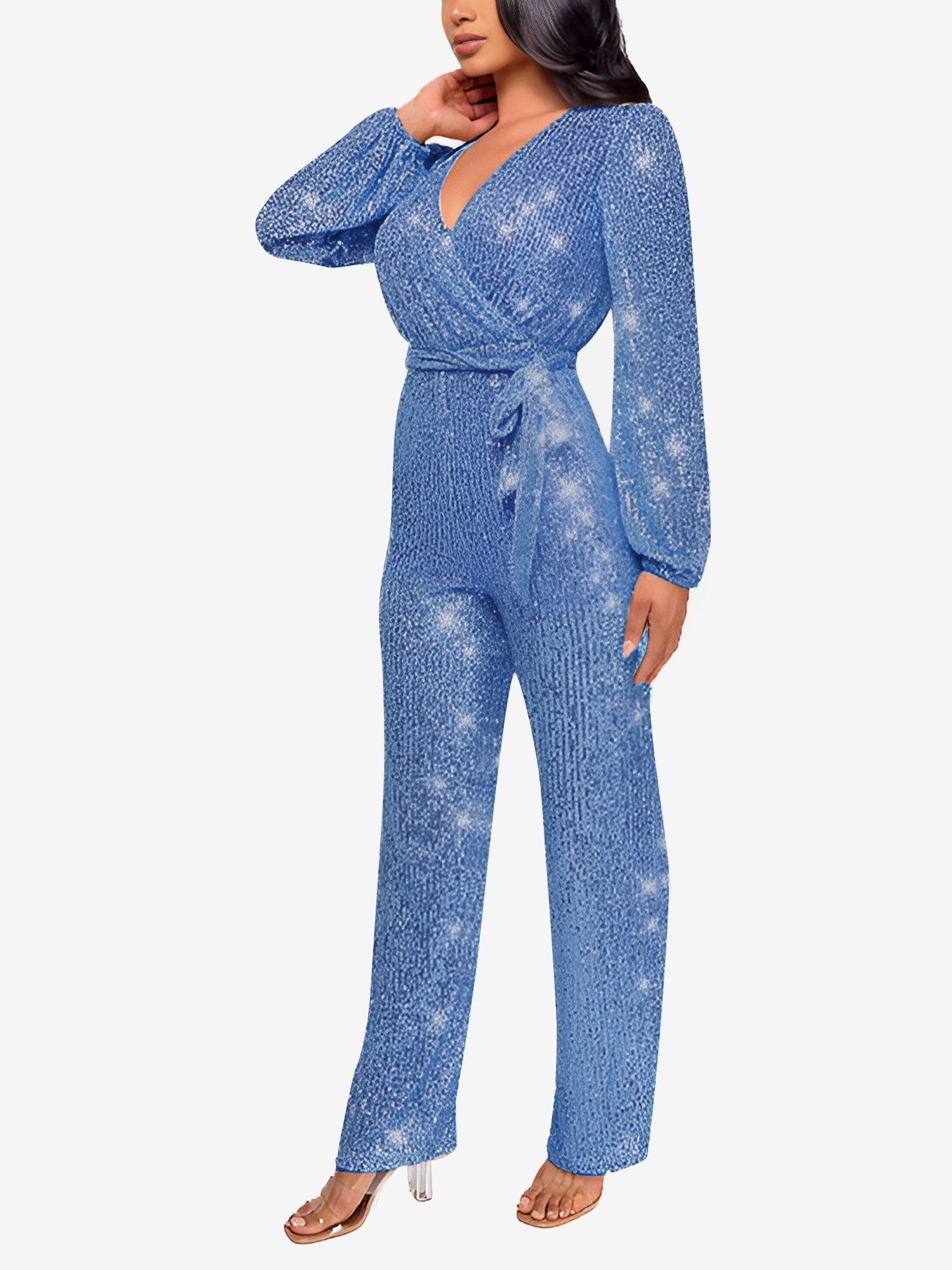 Sparkly Party Formal Deep V Neck Sequin Glitter Belted Long Sleeves Jumpsuits