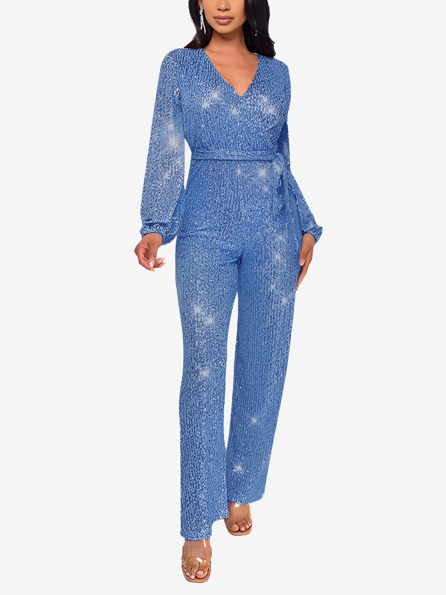 Sparkly Party Formal Deep V Neck Sequin Glitter Belted Long Sleeves Jumpsuits