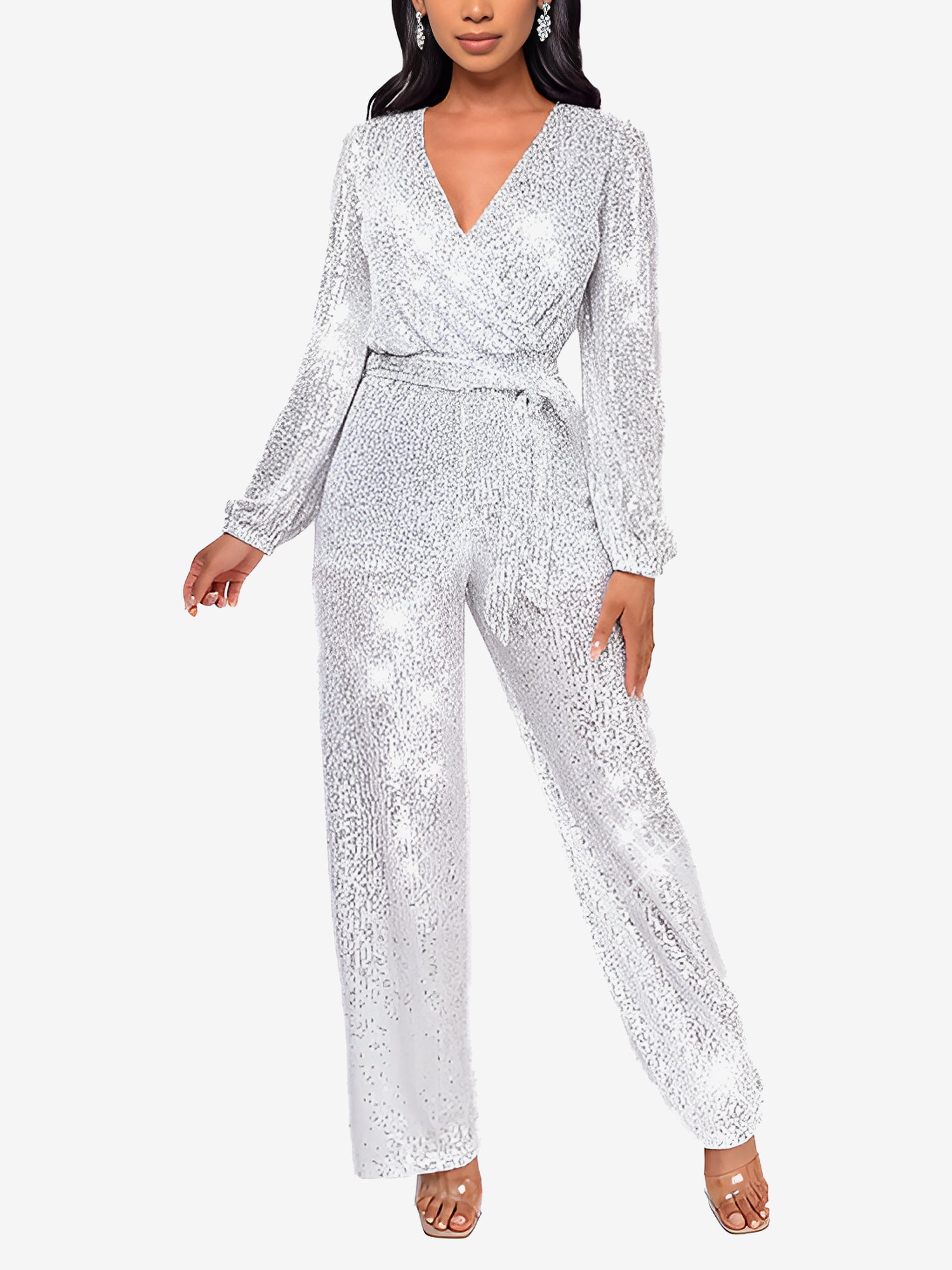 Sparkly Party Formal Deep V Neck Sequin Glitter Belted Long Sleeves Jumpsuits
