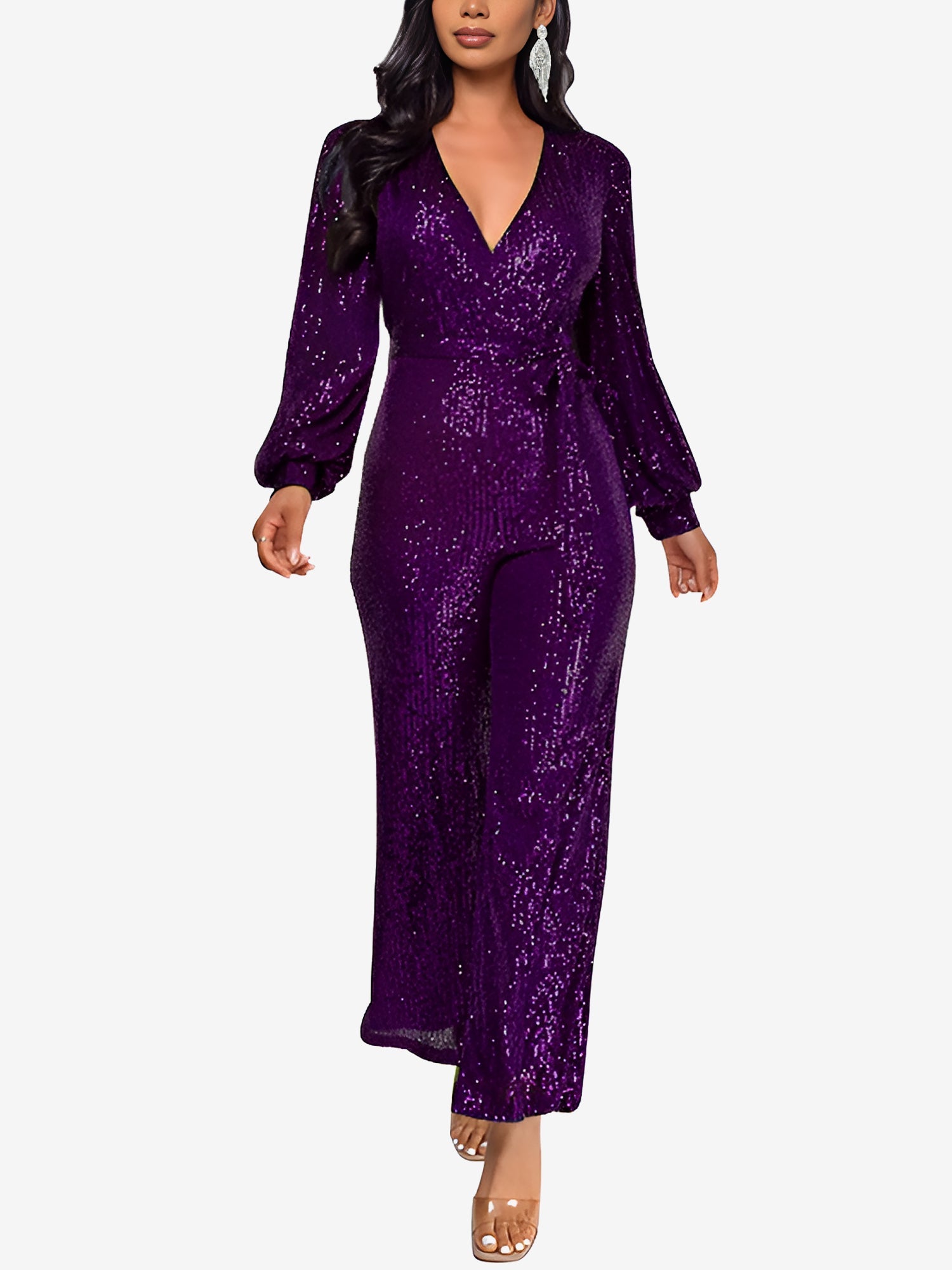 Sparkly Party Formal Deep V Neck Sequin Glitter Belted Long Sleeves Jumpsuits