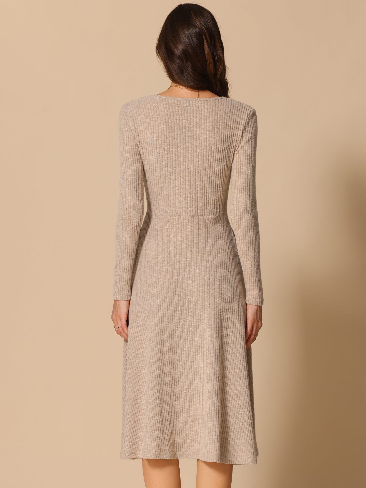 Long Sleeve Pockets A-Line Midi Ribbed Knit Dress