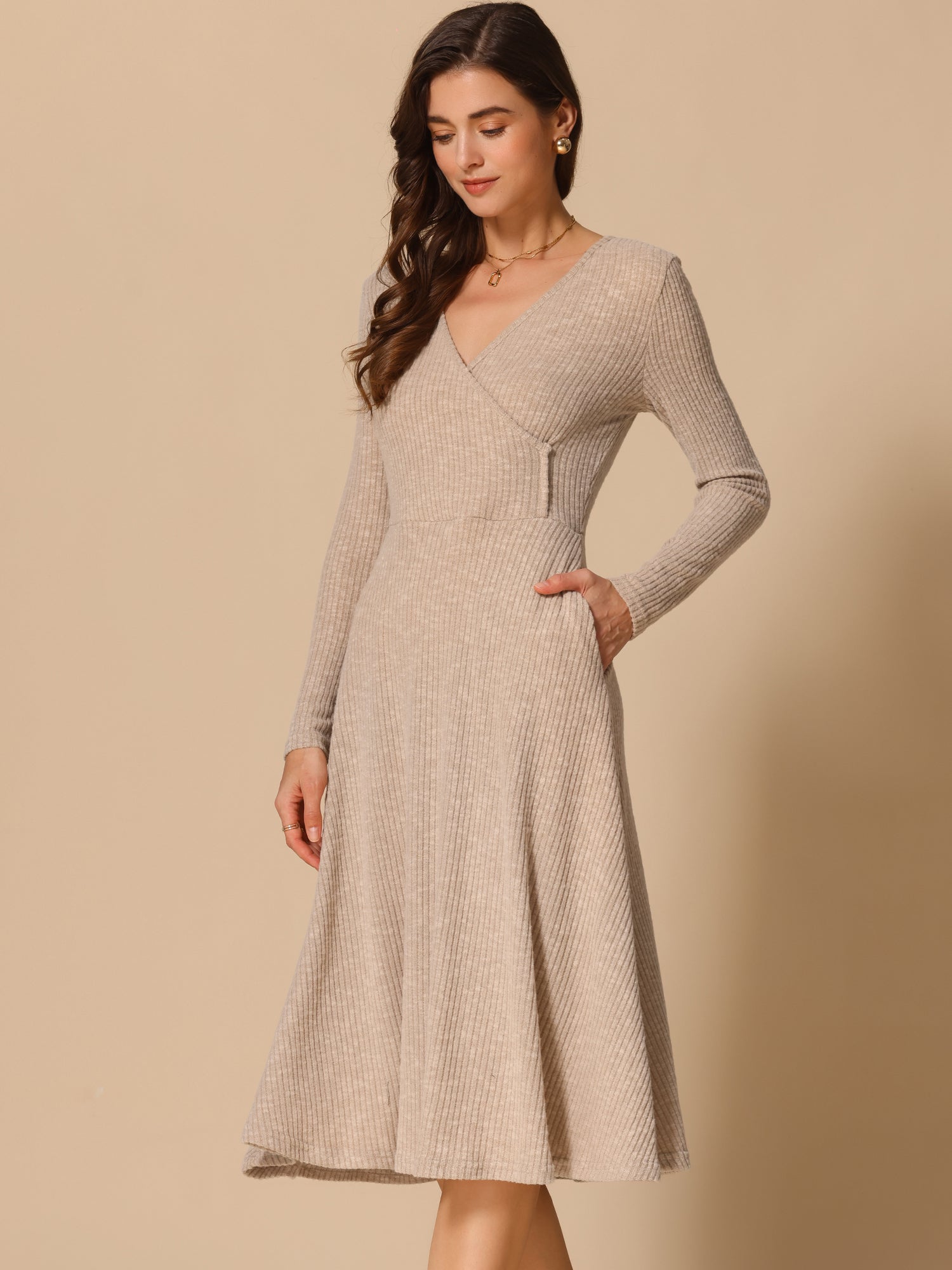 Long Sleeve Pockets A-Line Midi Ribbed Knit Dress