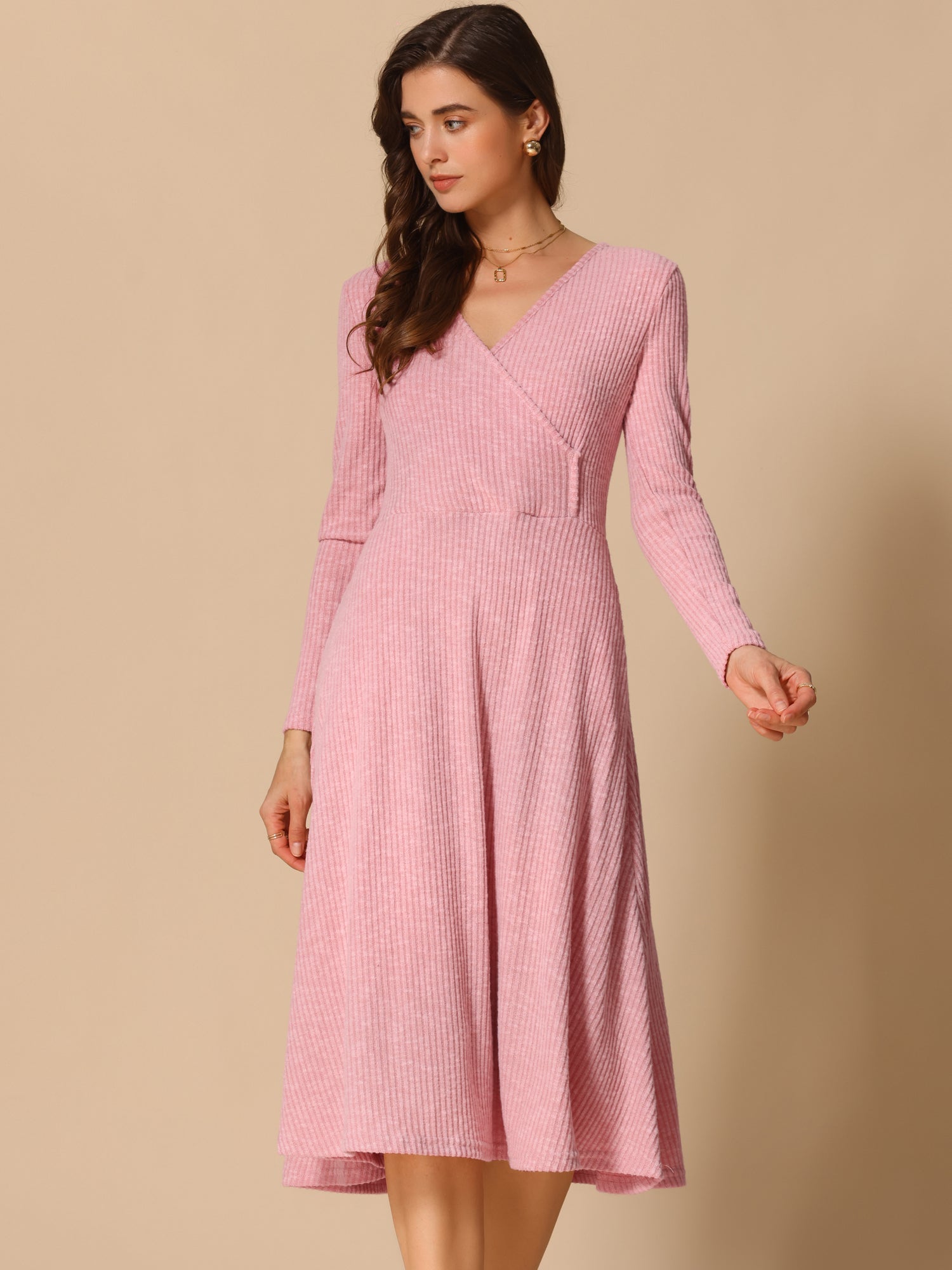 Long Sleeve Pockets A-Line Midi Ribbed Knit Dress