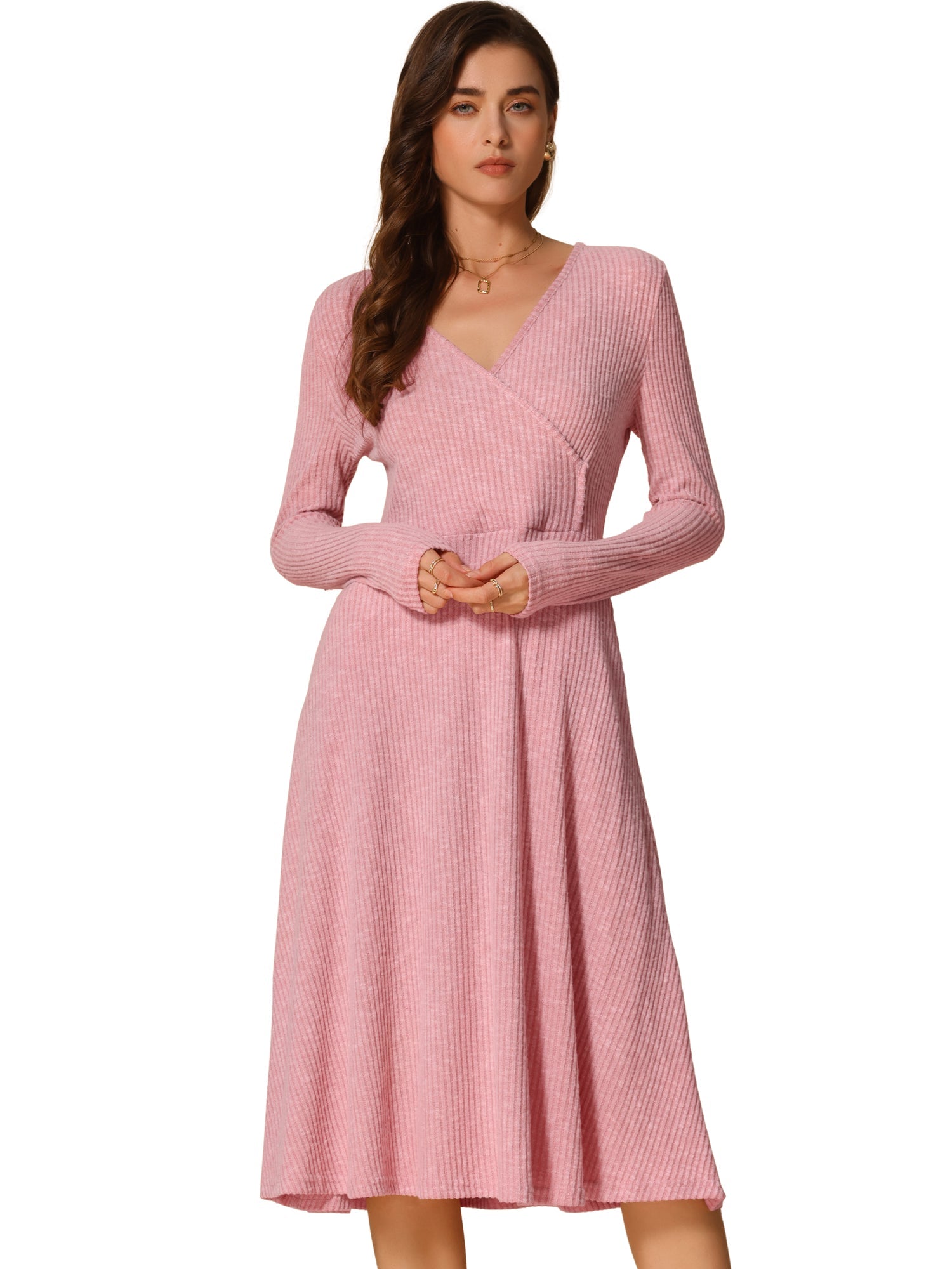 Long Sleeve Pockets A-Line Midi Ribbed Knit Dress