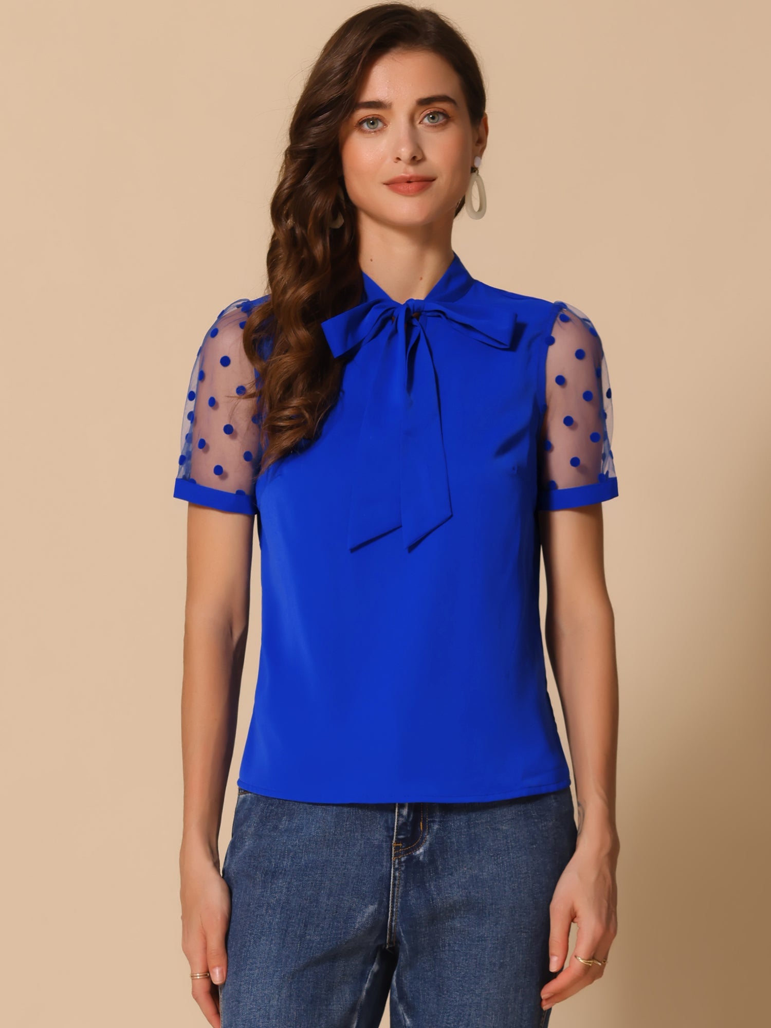 Bow Tie V Neck Stand Collar Short Mesh Sleeve Blouse