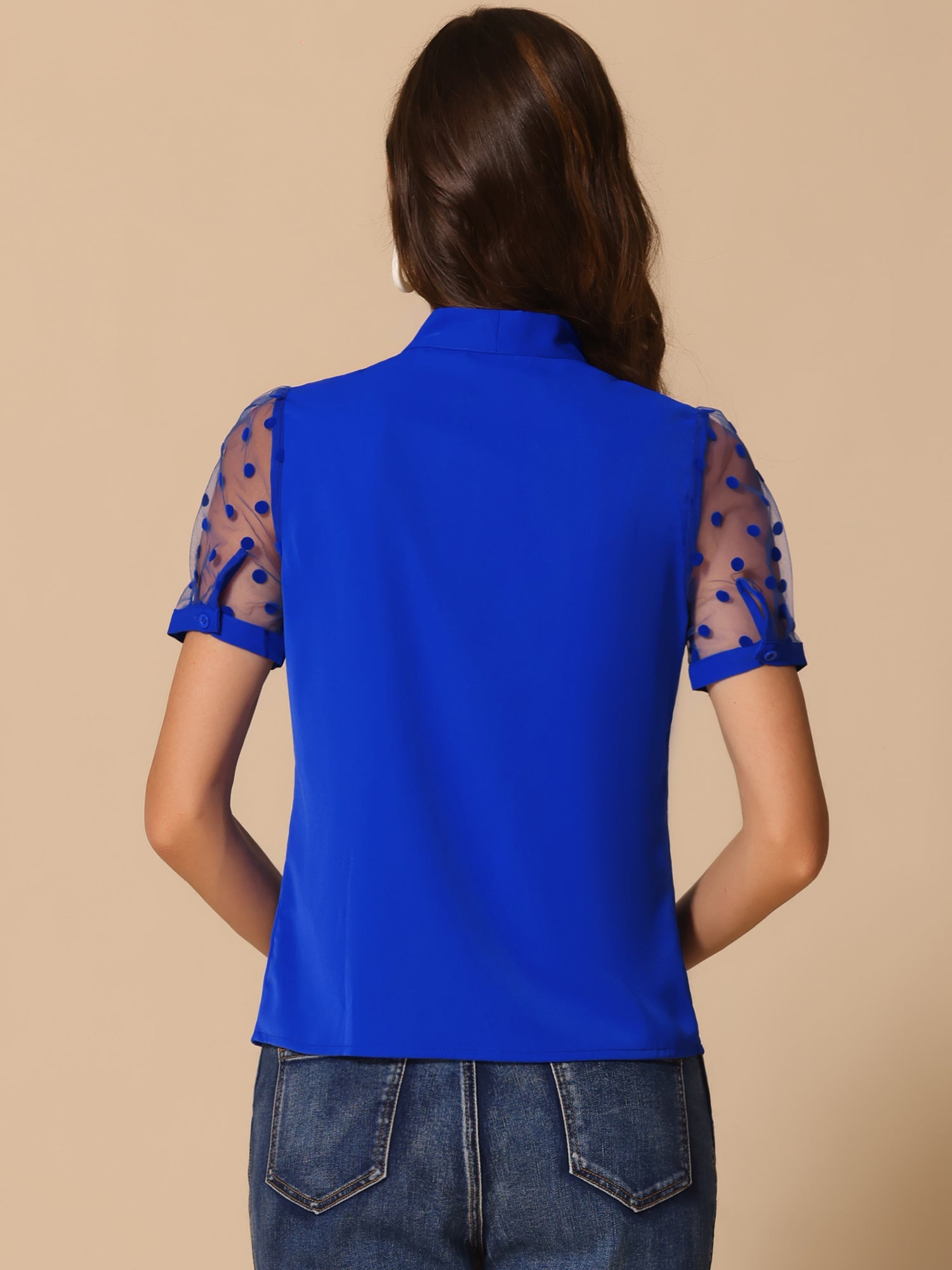 Bow Tie V Neck Stand Collar Short Mesh Sleeve Blouse