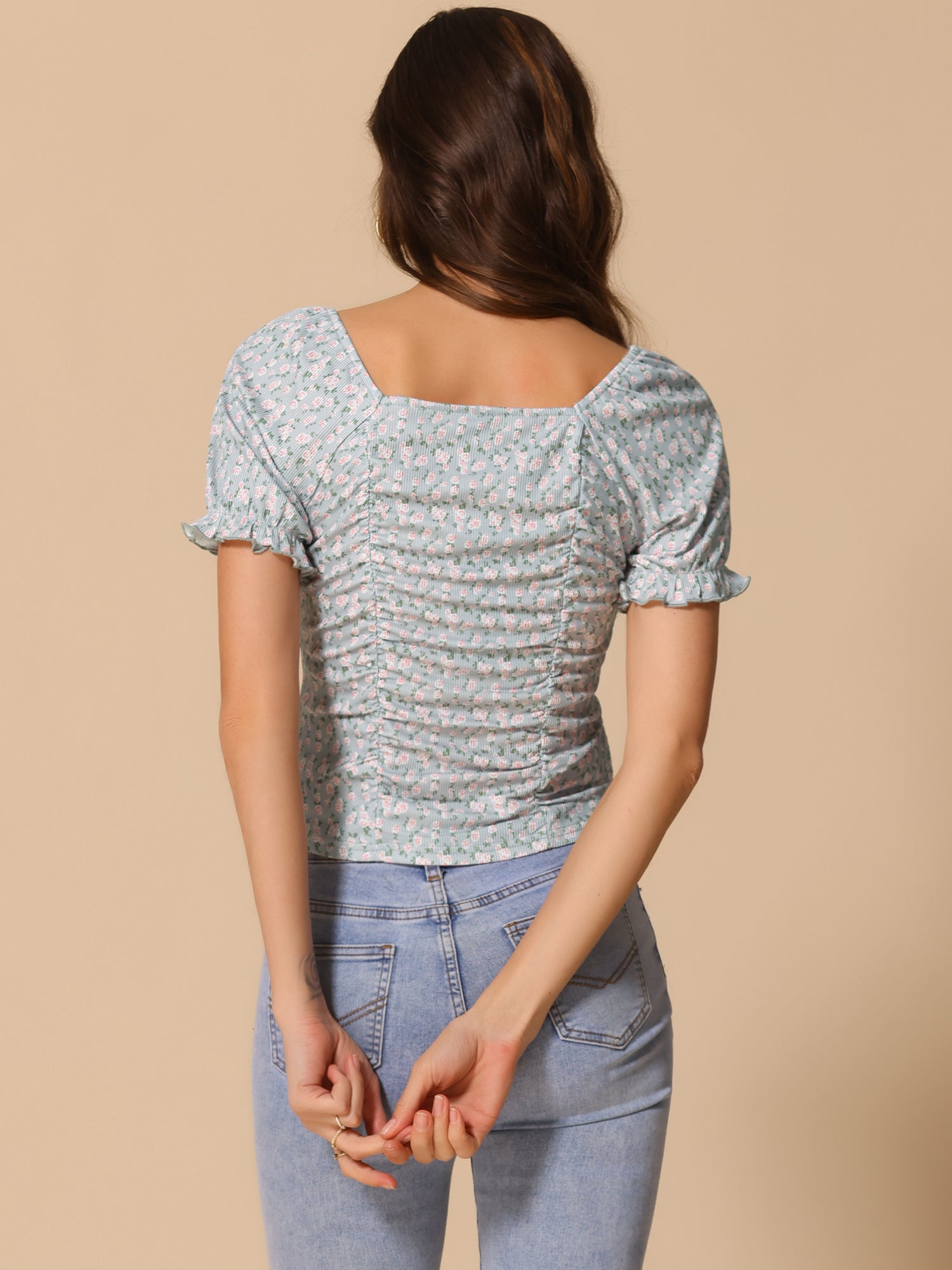 Smocked Crop Top Slim Fit Peasant Floral Blouse