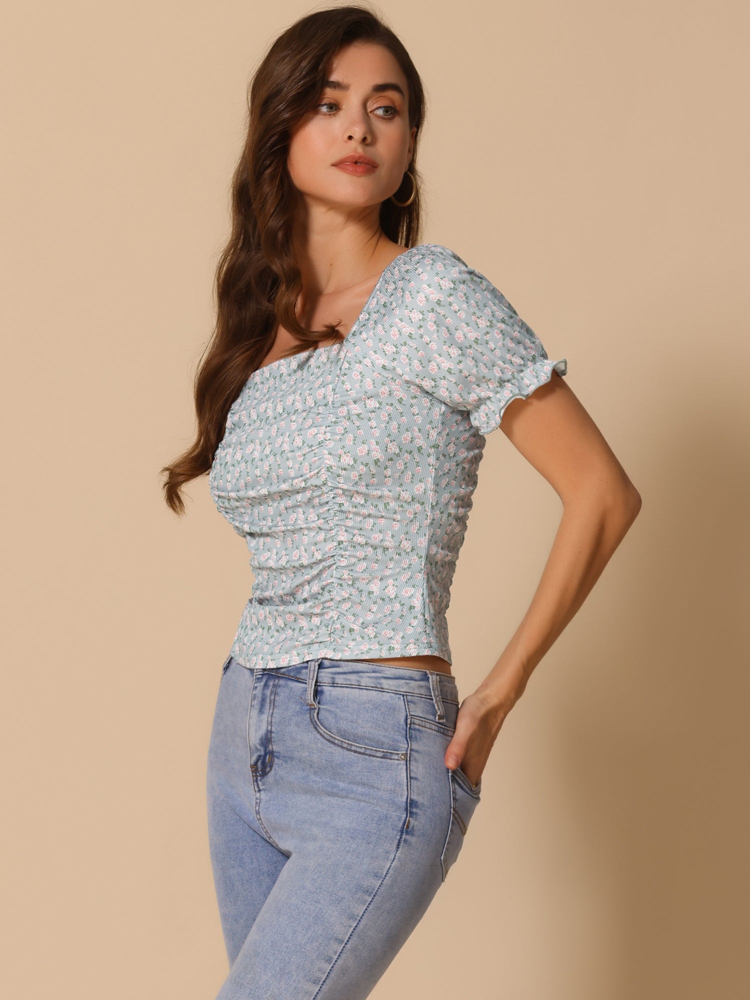 Smocked Crop Top Slim Fit Peasant Floral Blouse