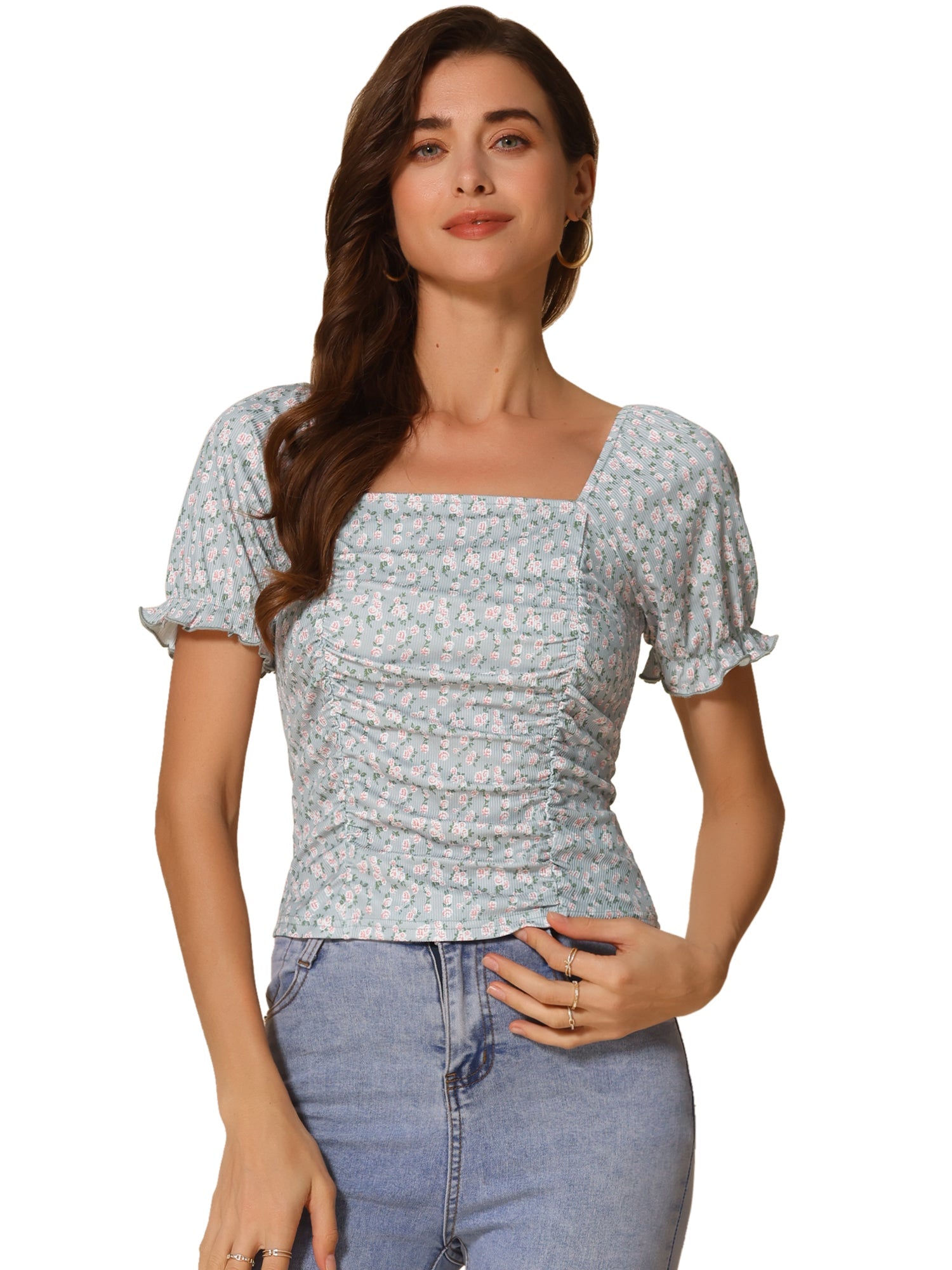 Smocked Crop Top Slim Fit Peasant Floral Blouse