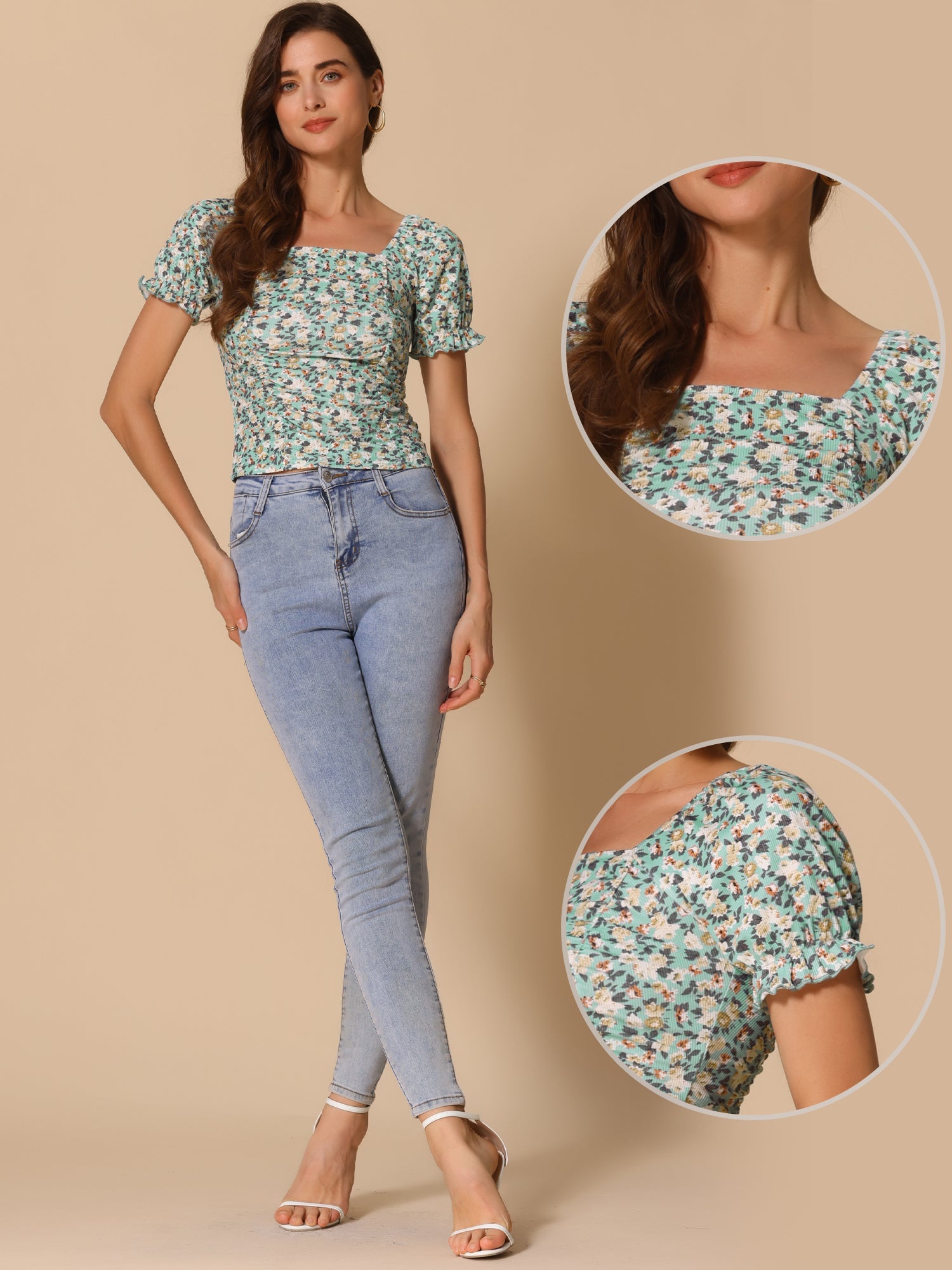 Smocked Crop Top Slim Fit Peasant Floral Blouse